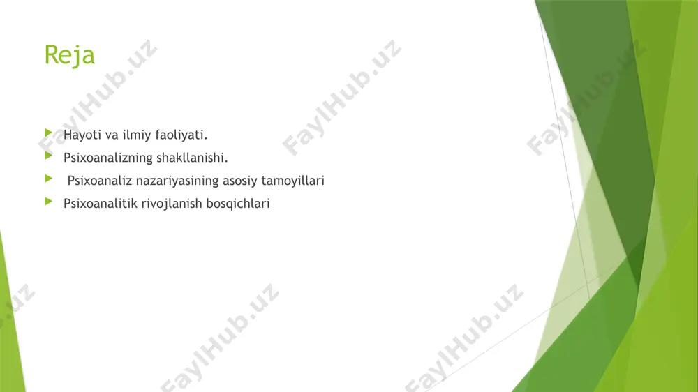 k (unconscious): bu insonning instinktiv istaklari, boshqarilmaydigan his-tuyg‘ulari va bolalik travmalari saqlanadigan joy. ongsizlik ongni boshqarib turuvchi asosiy quvvat sifatida freyd nazariyasida katta ahamiyatga ega. psixik tuzilmalar: id, ego va superego freyd inson ruhiyatini uch asosiy psixik tuzilma orqali izohlagan: id (u): bu ongsiz qism bo‘lib, insonning instinktiv istaklari va hayvoniy ehtiyojlarini aks ettiradi. id tamoman “hozir va shu yerda” tamoyiliga amal qiladi. uning asosiy energiyasi libido (hayotiy energiya) bilan bog‘liq. masalan, ochlik, uyqu yoki jinsiy istaklar idning ifodasidir. ego (men): ego ongli va real hayot bilan bog‘langan qismdir. u id istaklarini real hayotga moslashtiradi va ijtimoiy qoidalar bilan muvofiqlashtiradi. ego “haqiqat tamoyili”ga asoslanadi. superego (ustmen): bu axloqiy tamoyillar, ijtimoiy me’yorlar va o‘z-o‘zini nazorat qilish vositasidir. superego insonning tanbeh, aybdorlik yoki vijdon tuyg‘usini uyg‘otadi. libido va psixik energiya freydning fikriga ko‘ra, insonning barcha ruhiy holatlari va harakatlarini boshqaradigan asosiy quvvat – bu libido. libido bu jinsiy va hayotiy energiya bo‘lib, …