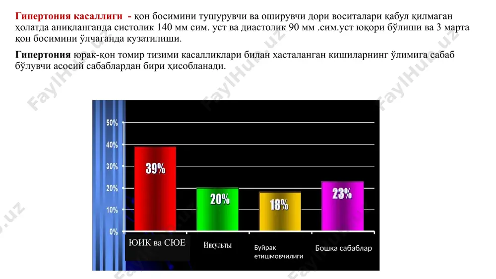 фалажловчи - анаприлин б) β1-адренорецепторларни фалажловчи - атенолол талинолол метопролол в. β , а -а д р е н о б л о к а т о р – лабеталол ii. артериал босим гуморал тизимига таъсир килувчи дв ренин – ангиотензин тизимига таъсир этувчи дв ренинни тормозловчи - алискирен 2. ангиотензин ii синтезини тормозловчи (ангиотензин айлантирувчи фермент ингибитори –ааф) - каптоприл эналаприл 3. ангиотензин рецепторлари ингибитори (a t 1)- лозартан iii. миотроп таъсир этувчи дв ион каналларига таъсир килувчи дв: а) к а л ьц и й к а н аллари блокаторлари - фенигидин дилтиазем б) калий каналлари активаторлари - миноксидил диазоксид 2. азот оксиди донатори ( n 0 ) натрия нитропруссид 3. турли препаратлар - апрессин дибазол магния сульфат iv. сув – туз алмашинувига таъсир килувчи дв (диуретиклар) дихлотиазид фуросемид спиронолактон нейротроп гипотензив дори воситалари гипертония касаллигининг асосан бошланғич босқичида қўлланилади, баъзи тинчлантирувчи мақсадда хам қўлланилади. марказий таъсирли имидазол …