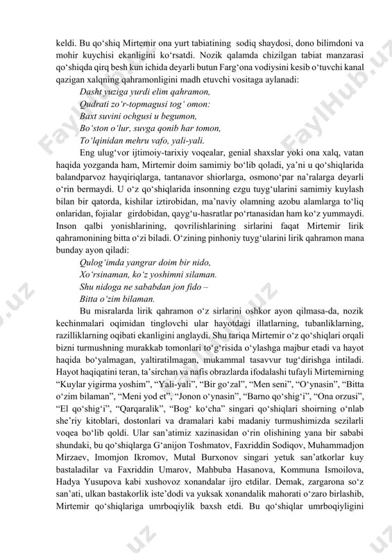 og‘imning chechaklari”, “lolazordan o‘tkanda”, “quyoshning zabti” kabi lirik she’rlarida aniq ko‘rinadi. bu she’rlar shiraga to‘lgan, chuqur umumlashmalarga boy bo‘lib, 30-yillarning ikkinchi yarmidagi o‘zbek lirikasiga qo‘shilgan katta hissa hisoblanadi. mirtemirning urush yillarida yaratilgan “vabo”, “o‘ch”, “bu mening vatanim”, “ona shahar”, “dengiz bo‘yida”, “mard yigit, yoring bo‘lay”, “tillo”, “ko‘zlarim yo‘lingda” kabi she’rlarida dushmanga nafrat, vatanga sadoqat hislari jangovar ruhda ifodalangan. mirtemirning teran mazmunga va katta ta’sirchanlik qudratiga ega bo‘lgan bunday qo‘shiqlari talaygina bo‘lib, ular tinimsiz izlanishning, badiiylik cho‘qqilari sari intilishning samarasi hisoblanadi. mirtemir qo‘shiqchilik sohasida o‘z yo‘lini qidirar ekan, eng buyuk san’atkorlarning go‘zal an’nalari izidan bordi. u, ayniqsa, she’riyat va qo‘shiq mulkining sultoni alisher navoiy an’analarini o‘zi uchun muqaddas deb bildi. navoiydan, saryomiydan mirtemir qofiya, radif oldi va ularni yangi mazmun, yangi ruh bilan boyitdi. natijada “yali-yali” deb atalgan sho‘x va nafis qo‘shiq maydonga keldi. bu qo‘shiq mirtemir ona yurt tabiatining sodiq shaydosi, dono bilimdoni va mohir kuychisi ekanligini ko‘rsatdi. nozik qalamda …
