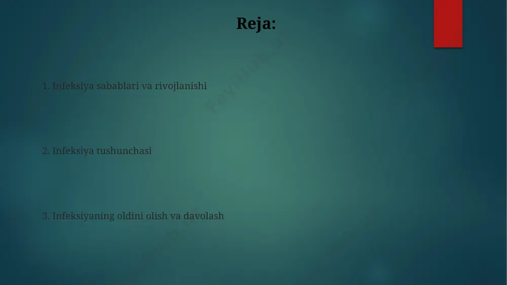 undan keyin antibiotiklar bilan davolashning 7-14 kunlik kursi tavsiya etilishi mumkin. infektsiyani davolash e'tiboringiz uchun rahmat @taqdimot_robot image6.jpg image7.jpg image8.jpg image9.jpg image10.jpg image11.jpg image12.jpg image2.png image3.png image4.png image5.png