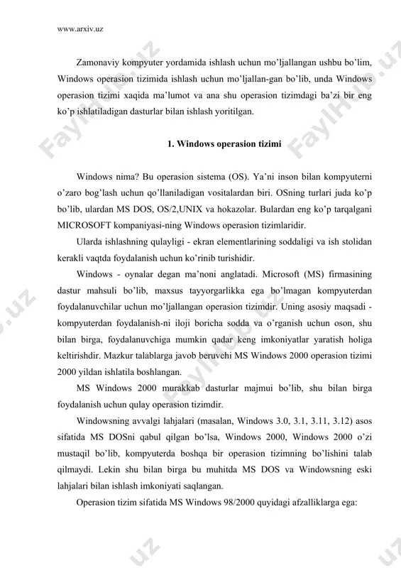 r xususiyati bilan windowsning istalgan avvalgi lahjalaridan keskin farqlanadi. xususan, microsoft firmasi yangi 32 razryadli yadroni tadbiq etish bilan samaradorlik va ishonchlilikni keskin oshirishga erishdi; iste’molchi atiga bitta dasturiy ta’minot mahsulotini xarid qilib, qator muhim imkoniyatlarni qo’lga kiritadi: universal tarmoq mijoziga aylanadi, elektron pochtadan foydalana oladi, multimedia vositalaridan bahra oladi va hokazo; sodda dasturlar majmui yuqori unumlilikka ega. bundan tashqarii windows bilan ishlaganda uzun, ko’p belgili fayl nomlarini ishlatish mumkin, ularda hatto bo’sh joyni ishlatish mumkin, ixtiyoriy ob’ektni ekranning istalgan joyiga kontekstni (matn parchasini) chaqirish va kontekstli menyu yordamini olish mumkin. windowsning samarali ishlashi uchun kerak bo’lgan kompyuter konfigurasiyasi: pentium-i va undan yuqori mikroprosessori; 16 mbaytdan yuqori sig’imli tezkor xotira; vinchesterda 500 m baytdan ortiq xotira sig’im; xotira 1 mbaytdan kam bo’lmagan vidioadapter. windows 98/2000 foydalanuvchilari doirasi windows foydalanuvchi uchun qulay bo’lgan ko’pgina imkoniyatlarga ega bo’lgan dasturiy muhitdir. uning imkoniyatlari ms dos dan sezilarli darajada yuqori. windows muhitida ishlashda foydalanuvchi …