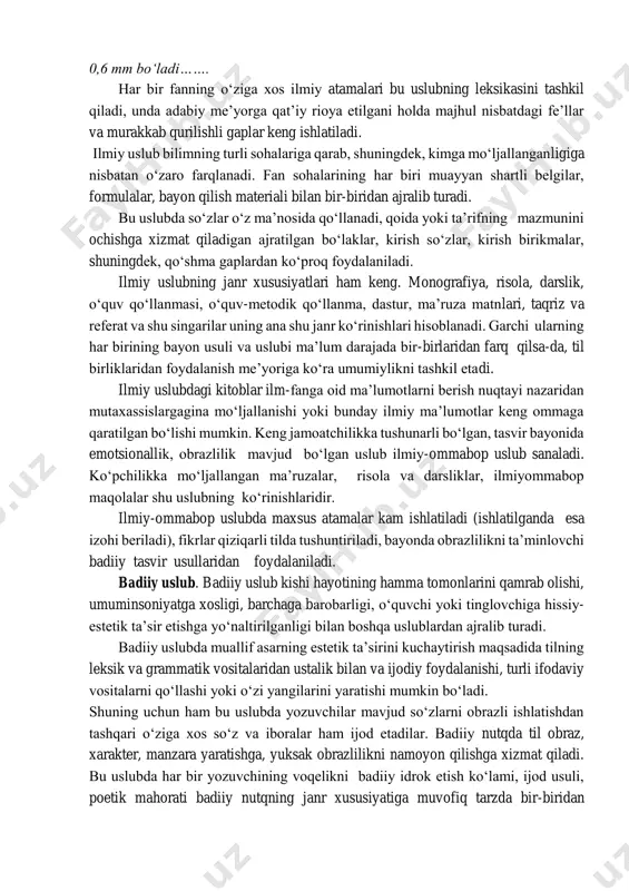dagi atmosfеra yog‘ini. tomchining diamеtri 0,5- 0,6 mm bo‘ladi……. har bir fanning o‘ziga xos ilmiy atamalari bu uslubning leksikasini tashkil qiladi, unda adabiy me’yorga qat’iy rioya etilgani holda majhul nisbatdagi fe’llar va murakkab qurilishli gaplar keng ishlatiladi. ilmiy uslub bilimning turli sohalariga qarab, shuningdek, kimga mo‘ljallanganligiga nisbatan o‘zaro farqlanadi. fan sohalarining har biri muayyan shartli belgilar, formulalar, bayon qilish materiali bilan bir-biridan ajralib turadi. bu uslubda so‘zlar o‘z ma’nosida qo‘llanadi, qoida yoki ta’rifning mazmunini ochishga xizmat qiladigan ajratilgan bo‘laklar, kirish so‘zlar, kirish birikmalar, shuningdеk, qo‘shma gaplardan ko‘proq foydalaniladi. ilmiy uslubning janr xususiyatlari ham keng. monografiya, risola, darslik, o‘quv qo‘llanmasi, o‘quv-metodik qo‘llanma, dastur, ma’ruza matnlari, taqriz va referat va shu singarilar uning ana shu janr ko‘rinishlari hisoblanadi. garchi ularning har birining bayon usuli va uslubi ma’lum darajada bir-birlaridan farq qilsa-da, til birliklaridan foydalanish me’yoriga ko‘ra umumiylikni tashkil etadi. ilmiy uslubdagi kitoblar ilm-fanga oid ma’lumotlarni berish nuqtayi nazaridan mutaxassislargagina mo‘ljallanishi yoki bunday …