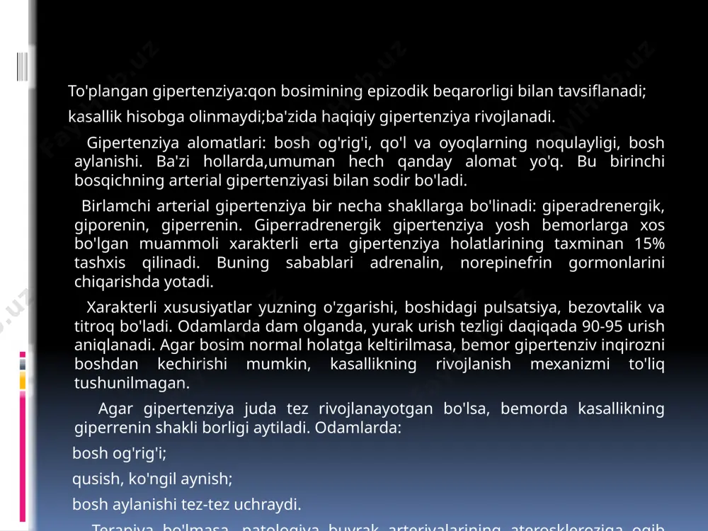 unktsiyalarini hisobga olganda jismoniy va ijtimoiy jihatdan kundalik hayotga moslashtirishdir. insultdan keyingi reabilitatsiya maqsadlari: – harakatlarni maksimal darajada tiklanishi, – yurishni yaxshilash, – nutqni tiklash va yaxshilash, – oʼz-oʼziga xizmat kursatishni oʼrgatish, – ijtimoiy va psixologik moslashuv, – takroriy insult va uning asoratlarini oldini olish, – umr koʼrish davomiyligini oshirish, – hayot sifatini yaxshilash, – oila aʼzolarini oʼqitish va ularni psixologik qoʼllab-quvvatlash. insult tasnifi ishemik insult (miya infarkti). bu eng ko’p uchraydigan turi bo’lib, u taxminan 80% holatlarni tashkil qiladi. ushbu turdagi insult miyaning muayyan hududida qon aylanishining keskin tanqisligi hisoblanadi. gemorragik insult (miya ichidagi gematoma). bu miya muayyan qismining qon bilan jarohatlanishidir. barcha holatlarning taxminan 10% ni tashkil qiladi. subaraxnoidal qon ketishi. bu holat miya qon tomirlarining yorilishi natijasida rivojlanadi. subaraxnoidal qon ketish barcha holatlarning taxminan 5% ni tashkil etadi. keng tarqalgan insult. bu massiv insultlarni birlashtiradigan atama. keng tarqalgan insult og’ir insult turiga xos bo’lib, umumiy miya alomatlari …