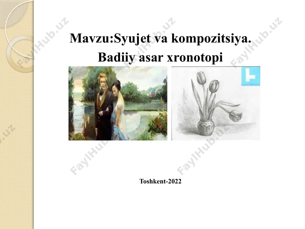 iy syujet haqida tushuncha syujеt (frans. — prеdmеt, "asosga qo`yilgan narsa") badiiy shaklning yeng muhim elеmеntlaridan biri sanalib, badiiy asardagi bir-biriga uzviy bog`liq holda kеchadigan, qahramonlarning xatti-harakatlaridan tarkib topuvchi voqеalar tizimini anglatadi. sujеtning badiiy asardagi funksiyalari haqida so`z kеtganda, avvalo, uning asar problеmasini badiiy tadqiq etishga imkon bеradigan hayot matеrialini uyushtirib bеrishini aytish kеrak. dеmak, sujеt asarda mavzuni shakllantirgani holda, uning qanday bo`lishi mazmunga, muallifning ijodiy niyatiga bog`liq bo`lib qoladi. voqea rivoji kulminatsiya ekspozitsiya tugun voqea rivoji sujet unsurlari yechim 7 ekspozitsiya — sujetning kirish, boshlanma qismi; asar voqeasi bo‘lib o‘tadigan joy, qahramonlarning konfliktgacha bo‘lgan paytdagi qiyofasi, holatini namoyon etadigan vaziyat, shart-sharoit tasviri. ekspozitsiya asardagi o‘rniga ko‘ra turlicha bo‘ladi: a) to‘g‘ri ekspozitsiya — asarda voqeaning boshlanishidan oldin keladi; b) kechiktirilgan ekspozitsiya — sujet tugunidan so‘ng yozuvchi tomonidan qahramon haqida berilgan ma’lumot; d) t e s k a r i ekspozitsiya — asar sujetining yechimidan so‘ng qahramon haqida berilgan qo‘shimcha ma’lumot. …