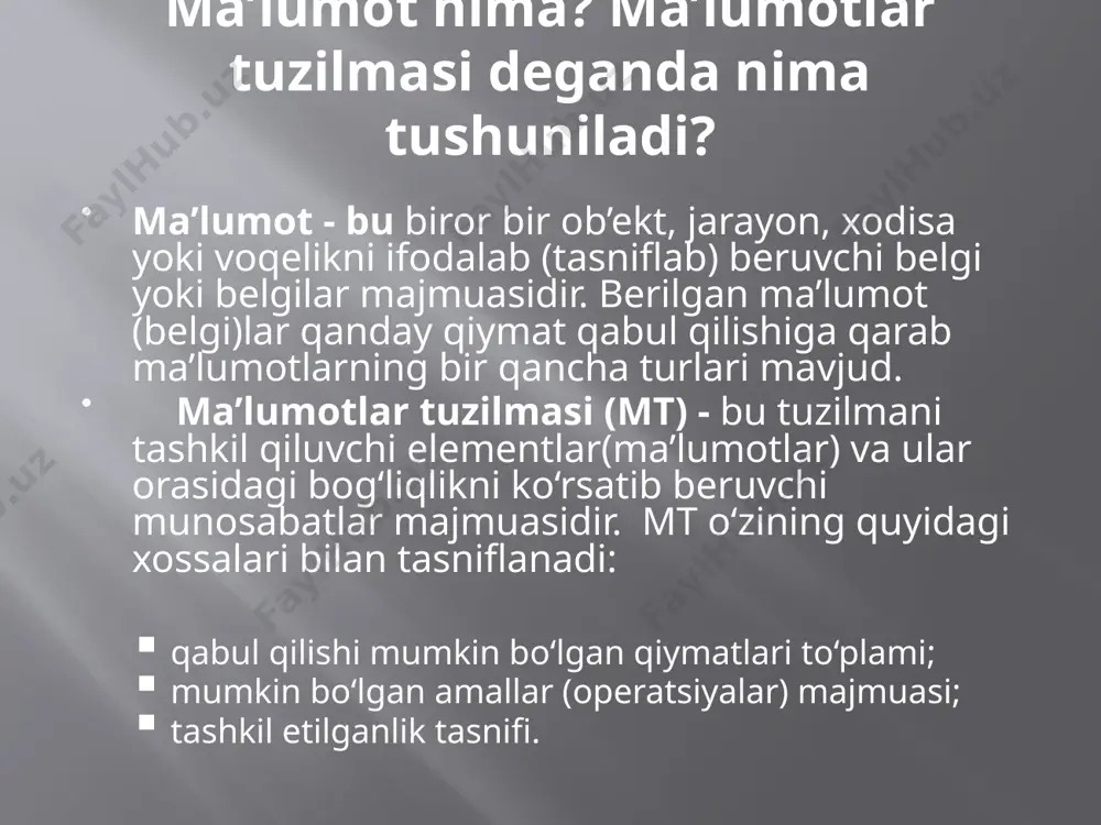 iymatlar oralig’i amallar -2 n-1 ; >= inkrement ++ dekrement -- ishora butun son xaqiqiy tur qiymatlar oralig’i amallar qo’shish(+); ayirish(-); ko’paytirish bo’lish(/); o’zlashtirish =; ~= taqqoslash ; >= тур формат float 4 байт double 8 байт mantissa ishorasi mantissa tartib ishorasi tartib ascii – kodi elementlari belgili tur qiymatlar amallar o’zlashtirish =; birlashtirish(kontekanatsiya)+ ; >=. eslatma belgili tur apostrov ichida beriladi mantiqiy tur qiymatlar amallar o’zlashtirish; taqqoslash(==; ; >=); && || ! nomi false qiymati true qiymati хотира o’lchami bool 0 1 1 байт x y ! x x &&y x || y false false true false false false true true false true true false false false true true true false true true ko’rsatkichli tur amallar o’zlashtirish; adress bo’yicha qiymat olish; adresni olish(&); qo’shish; ayirish; inkrement; dekrement. ta’rif ko’rsatkich (pointer) – bu shunday tur bo’lib, uningqiymatlar oralig’i xotira yacheykalari manzili va maxsus qiymat (nol manzil) dan iborat. izox nol …