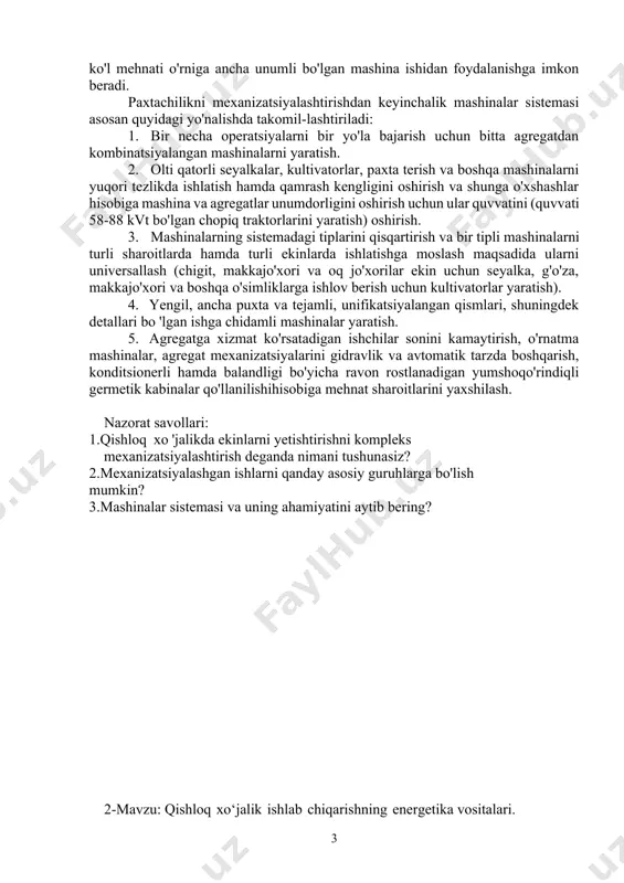 qarish protsesslarini kompleks mexanizatsiyalashtirish uchun zonal mashinalar sistemasi. mashinalar sistemasiga bo 'lgan asosiy talablar-texnologiyaga jiddiy rioya qilish; barcha ishlarni juda kam mehnat va mablag' sarflab, eng yaxshi agrotexnika muddatlarida bajarish; mehnat sharoitlarini yaxshilash; sistemadagi mashina va qurollarni o'zaro va energetika vositalari bilan unumdorligi, gabaritligi va boshqa ko'rsatgichlarga ko'ra bog'lash; tabiiy ishlab chiqarish sharoitlari turlicha bo'lgan xo'jaliklarda barcha ishlarni samarali mexanizatsiyalashtirish mumkinligi. qishloq xo'jaligida ishlatiladigan mashinalar sistemasini o'zgarmas deb bo'lmaydi, u fan va texnika yutuqlari hamda ilg'or tajriba asosida uzluksiz takomillasha boradi. paxtachilikda mashinalar sistemasi uzoq vaqt yaratib kelindi. 1932 yilga qadar mashinalar yerga asosiy va qisman ekish oldidan ishlov berish uchun yaratilgan. traktorlarni ko'plab ishlab chiqarish tufayli 1933-1934 yillarda traktor bilan ishlatila-digan birinchi chigit ekish seyalkalari va g'o'za qatorlari orasiga ishlov berish kultivatorlari paydo bo'ldi. 1947-48 yillarda ko'sak va paxta terish mashinalari yaratildi. 50 yillarda o'zbekistonda qishloq xo'jalik mashinasozligi keng rivojlana boshladi, paxtachilikni mexanizatsiyalashtirishda ilmiy tashkilotlar va konstroqtorlik korxonalari keng …