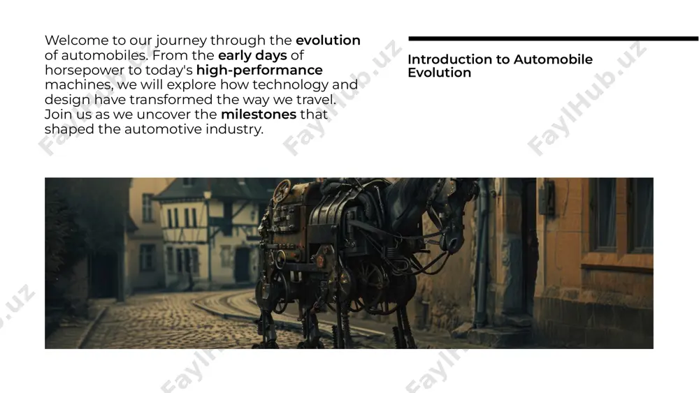 to the development of compact cars and more economical engines. this slide discusses how the crisis reshaped consumer preferences and industry standards. the rise of technology with the advent of the digital age, technology began to play a crucial role in automobiles. features like gps, advanced safety systems, and infotainment became standard. this slide explores how technology has enhanced both functionality and the driving experience. the push for sustainability has led to the rise of electric vehicles (evs). companies like tesla have transformed the market, offering performance without compromising the environment. this slide delves into the impact of evs on the future of transportation. the electric revolution the future of driving is here with autonomous vehicles. these cars use advanced sensors and ai to navigate without human intervention. this slide discusses the potential benefits and challenges of self-driving technology in the automotive landscape. autonomous vehicles as we look ahead, the …
