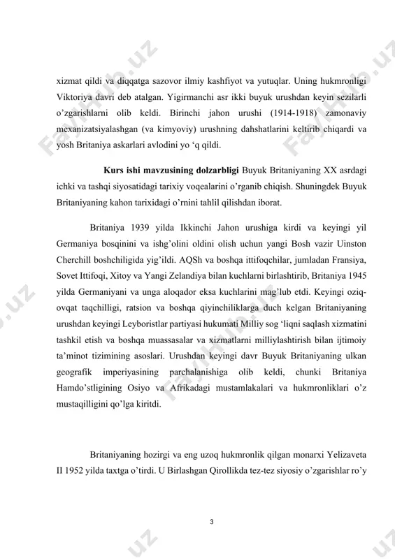 hukmronliklari o’z mustaqilligini qo’lga kiritdi. britaniyaning hozirgi va eng uzoq hukmronlik qilgan monarxi yelizaveta ii 1952 yilda taxtga o’tirdi. u birlashgan qirollikda tez-tez siyosiy o’zgarishlar ro’y berayotgan davrga rahbarlik qildi, chunki turli siyosiy va iqtisodiy mafkuralar kurashida leyboristlar hukumatlari konservatorlar bilan almashib turdi. 1970-yillarda dok ishchilari, pochta xodimlari, ko’mir konchilari va boshqalarning o’n yillik yirik ish tashlashlaridan so’ng, britaniyalik saylovchilar konservativ partiyadan margaret tetcherni 1979 yilda britaniyaning birinchi ayol bosh vaziri etib sayladilar. tetcher va uning hukumati mamlakatning deyarli yarmini xususiylashtirishga kirishdi. buyuk britaniyaning davlat korxonalari ijtimoiy xarajatlarni qisqartirish va mudofaa xarajatlarini oshirish. yigirmanchi asr britaniya tarixini o’rganish, shuningdek, buyuk britaniyaning ikkita eng mashhur madaniy timsoli: 1960-yillarda buyuk britaniya, aqsh va evropada musiqa va madaniyatga chuqur ta’siri keng tahlil qilingan "bitlz" pop musiqa guruhining keng qamrovli ta’sirini ochib beradi. bir qator ilmiy tadqiqotlar va 1981-yil iyul oyida televideniyeda ko’rsatilgan to’yda uels shahzodasi charlzga turmushga chiqqan diana spenser xonim aloqa sun’iy …
