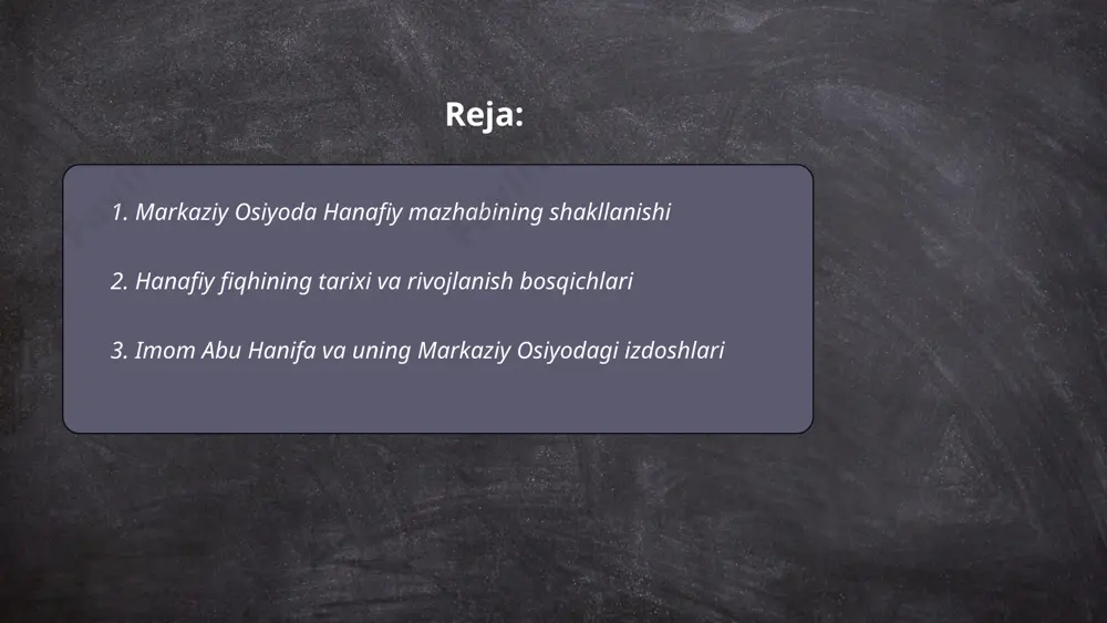 nafiy mazhabining asoschisi sanaladi. markaziy osiyoda ushbu mazhab juda keng tarqalgan. abu hanifa hijriy 80-yilda (milodiy 699-yil) tug‘ilgan va hijriy 150-yilda (milodiy 767-yil) vafot etgan. uning izdoshlari, jumladan, imom muhammad ash-shayboniy va imom abu yusuf kabi shaxslar, markaziy osiyoda islom huquqshunoslik ilmini rivojlantirib, hanafiy mazhabini yoyishda katta hissa qo‘shishdi. bu mazhab o‘zbekiston, tojikiston, turkmaniston, qozog‘iston va qirg‘iziston kabi davlatlarda keng qo‘llaniladi. ... t.me/slaydai_bot 4. markaziy osiyo faqihlarining fiqhiy yutuqlari 4. markaziy osiyo faqihlari ko‘plab fiqhiy yutuqlarga erishgan. ular orasida abu hanifa, abu yusuf va muhammad ash-shayboniy alohida o‘rin tutadi. x asrda abu mansur al-moturidiy aqida va fiqh masalalarida muhim asarlar yozgan. xiii asrda burhoniddin marg‘inoniy "hidoya" asarini yaratib, hanafiy mazhabining asosiy manbalaridan biriga aylangan. ularning ijodlari islom huquqshunosligi rivojida muhim rol o‘ynagan va butun dunyo musulmonlari tomonidan yuqori baholangan. markaziy osiyo faqihlarining bilimlari va asarlari bu hududda islom fanlari va fiqhning yuksalishiga katta ta'sir ko‘rsatgan. ... t.me/slaydai_bot hanafiy mazhabi islom …