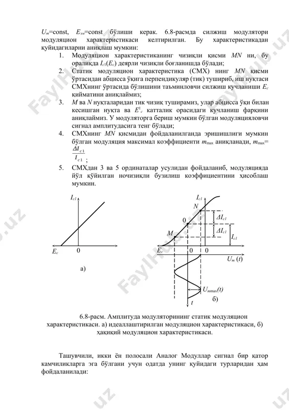 а тенг, учинчиси фазанинг модуляция натижасида ўзгариши 6.9-расмда фм сигнал вектор диаграмма ёрдамида тушунтирилган. бунда ташувчи вектори соат стрелкаси бўйича ҳаракатланиб t0 онда расмдаги u*ω ҳолатини эгалласин. фаза модуляцияси ушбу вектор u*ω – ни ўзининг дастлабки ҳолатидан ∆φ=aumsinωt қонуни бўйича ўнгга ва чапга оғишини англатади. ташувчининг энг чекка ҳолати u|ω ва u||ω билан белгиланган. uω` uω`` δφmax φ0 ωt0 ω0 0 6-расм. бурчак модуляцияли сигналга оид чизма. модуляцияланган тебраниш фазасининг модуляцияланмаган тебраниш фазасидан бир томонга максимал силжиши фаза модуляцияси индекси деб аталади. модуляция индекси модуляцияловчи сигнал амплитудасига боғлиқ бўлиб, унинг ўзгариш частотасига боғлиқ эмас. ∆φmax=mфм=aum ни эътиборга олиб (6.19) ифодани қуйидаги кўринишга келтирамиз uфм(t)=u0cos[ω0t+φ0+msinωt]. (6.24) фм сигналнинг оний частотаси қуйидагича ўзгаради ω(t)=ω0t+mωcosωt. (6.25) шундай қилиб фм сигнал турли онларда турлича частотага эга бўлади, унинг ташувчи частотасидан фарқи ∆ω=mωcosωt (6.26) бўлиб, фм сигнални чм сигнал деб қараш мумкин. частота максимал қиймати ω нинг ω0 дан фарқи ∆ωд частота девиацияси деб аталади, …