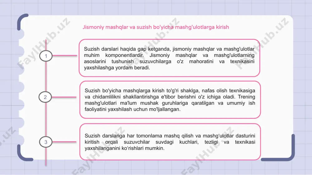 beradi. xuddi shunday, suzish saboqlaridan keyin salqinlash tartibini kiritish tiklanish jarayoniga yordam berish uchun juda muhimdir. sovutish yurak tezligini asta-sekin kamaytirishga, mushaklarning og'rig'ini oldini olishga va tanadagi bo'shashish va moslashuvchanlikni oshirishga yordam beradi. suzish bo'yicha samarali mashg'ulotlar uchun ovqatlanish va hidratsiya suzishni samarali tayyorlashda ovqatlanish hal qiluvchi rol o'ynaydi. mashg'ulotlardan oldin va keyin to'g'ri yonilg'i quyish ishlash va tiklanishni yaxshilashi mumkin. suzuvchilar uchun hidratsiya bir xil darajada muhimdir, chunki hatto ozgina suvsizlanish ham ishlashga ta'sir qilishi va shikastlanish xavfini oshirishi mumkin. kun davomida suv ichishni unutmang. oziqlanish va hidratsiyani muvozanatlash suzish darslarida jismoniy mashqlar foydasini maksimal darajada oshirishning kalitidir. shaxsiy yo'l-yo'riq uchun sport ovqatlanish bo'yicha mutaxassis bilan maslahatlashing. 1 2 3 suzish bo'yicha mashg'ulotlar paytida yo'l qo'ymaslik kerak bo'lgan keng tarqalgan xatolar suzish darslarida mashq qilish va mashq qilish haqida gap ketganda, taraqqiyotga xalaqit beradigan keng tarqalgan xatolardan qochish kerak. oldini olish kerak bo'lgan asosiy xatolardan biri bu ortiqcha mashq …
