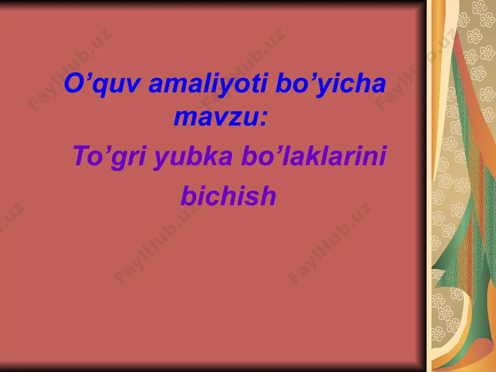 hi. 1-vitochkalarga ishlov berish; 2-ort bo’lagining o’rta chokida joylashgan shlitsaga ishlov berish; 3-yon qirqimigi ishlov berish; 4-molniya taqilmaga ishlov berish. yubkaning ayrim qismlariga ishlov berish sxemalari
