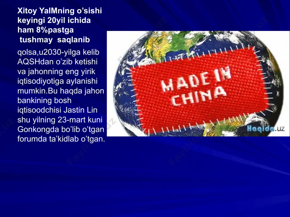 u zamonaviy jahon texnologiyalariga ega bo'lmagan qadimiy mamlakat bo'lgan bo'lsa, xxi asrda xitoy texnikasining 60 foizi yuksak xalqaro darajaga yaqinlashdi. mamlakat atom energiyasi, fazo texnikasi, yuqori energiya fizikasi, biotexnologiya, kompyuter texnologiyasi va axborotlashtirish borasida sezilarli natijalarga erishdi. 2003 yil 15 oktyabrda xitoyning uchuvchi tomonidan boshqarilgan «shenchjou–5» fazo kemasining muvaffaqiyatli parvozi amalga oshirildi. shunday qilib xitoy boshqariladigan fazo texnologiyasiga ega bo'lgan uchinchi davlatga aylandi. 2004 yilda boshlangan oyni tadqiq etish rejasiga muvofiq, 2010 yilga borib, xitoy yer yo'ldoshiga uchuvchisiz boshqariladigan zondni olib chiqishi kerak. 2020 yilga kelib esa, oydagi tuproqdan tajriba uchun namuna olish ishlari tugallanishi kerak. xitoyda fan va texnika xitoy iqtisodiy jihatdan ulkan rivojlanish salohiyatiga ega barqaror va qudratli mamlakatlardan biriga aylandi. mamlakat o'z oldiga qo'ygan maqsadlari – xxi asrning o'rtalariga borib, aholi jon boshiga yalpi ichki mahsulot bo'yicha o'rta rivojlangan mamlakatlar darajasiga yetib olish, aholining to'kin turmush darajasini ta'minlash sari ishonch bilan ildamlamoqda. uning ushbu maqsadlarga erishishi shubhasiz. …