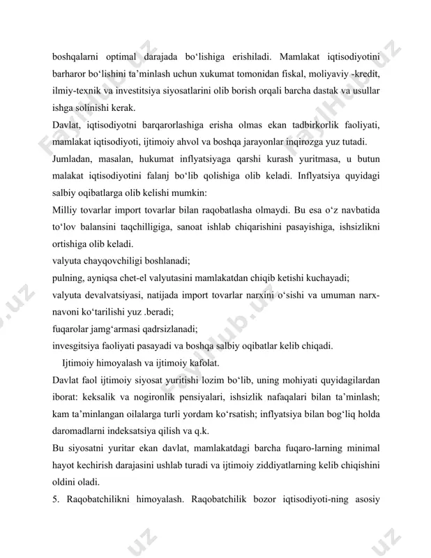 o‘lib, u tovar iflab chiqaruvchilar, xizmat ko‘rsatuvchilarni yangi va ilg‘or usullari joriy etishlariga, mahsulot sifatini yaxshilash choralarini ko‘rishga, ishlab chiqarish xarajatlarini kamaytirishga undaydi. shu sababli davlat funksiyalaridan biri raqobatchilikni himoya qilishdir. raqobatda, xaridor — xo‘jayin, bozor uning agenti, korxonalar bo‘lsa — xizmatkorlaridir. monopoliya sharoitida aqvol keskin o‘zgaradi, xaridor xo‘jayinlikdan xizmatkorga aylanib qoladi. shu sababli iqtisodiyotni dedionopoliya qilish — raqobat muhitini yaratish, raqobatchilikni himoya qilish, davlat miqyosidagi muhim ish hisoblanadi. 2. iqtisodiyotga davlat aralashuvining shart-sharoitlari davlat faqat ma’lum shart-sharoitlar yuzaga kelgan taqdirdagina iqtisodiyotga aralashadi. bu shart-sharoitlar pozitiv va negativ bo‘lishi mumkin. negativ sharoitlar inson faoliyatining barcha sohalarida tadbirkorlik faoliyatiga va mamlakatning butun iqtisodiyotiga negativ (salbiy) ta’sir ko‘rsatuvchi turli voqeliklardir. bu voqeliklar mohiyati jihatidan turli-tuman bo‘lib, davlat ularni oldindan va o‘z vaqtida ko‘ra olishi va ularni ta’sir kuchini kamaytirish va butunlay bartaraf etish choralarini ko‘rishi lozim. davlat aralashuvi lozim bo‘lgan bunday sharoitlarga quyidagilar kiradi: milliy havfsizlik talabi, jamiyatdagi ijtimoiy murakkablik, iqtisodiyotdagi negativ …