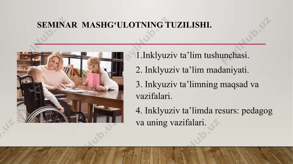 ’lim imkoniyati cheklangan bolalarning ehtiyojlarini umumta’lim muasasalarida qondirib bo'lmaydi degan taxminlar asosida qurilgan. maxsus ta’lim butun dunyoda maktab yoki internat shaklida, shuningdek umumta’lim maktablarining uncha katta bo‘lmagan qismi sifatida faoliyat yuritadi. imkoniyati cheklangan bolalarning maxsus ta’lim tizimida o‘qitilishi ularning maktabni tugatgach ijtimoiy jamiyatga moslashib ketishlarini qiyinlashtiradi. shuningdek, ularning o‘z oilasidan uzoqda bo‘lishga majbur qiladi. bu toifa bolalar boqimandalikka o‘rganib qoladilar, o‘z-o‘ziga xizmat qilishlarida qiyinchiliklarga duch keladilar. bundan tashqari juda ko‘plab maxsus ehtiyojli bolalar ta’limdan chetda qolib ketmoqdalar. hozirgi kunda respublikamizda alohida yordamga muhtoj bolalaming rivojlanish darajasi, imkoniyati, nuqson xususiyatlari va qobiliyatlariga ko‘ra maxsus yoki umumta’lim tizimida ta’lim olishini amalga oshirish maqsadida inkyuziv ta’lim siyosati faol amalga oshirilmoqda. 2.inklyuziv ta’lim madaniyati. «salamanka deklaratsiyasi»ga muvofiq, har bir o‘quvchining tafovut, xususiyatlarini qo‘llabquwatlovchi va ma’qullovchi islohot sifatida qarashadi. uning maqsadi, jinsi, irqi, madaniyati, ijtimoiy millati, dini, individual imkoniyat va qobiliyatidagi tafovutlar oqibatida yuzaga keladigan ijtimoiy degregatssiyaga yo‘l qo‘ymaslikdir. biroq bu kontsepsiya universal foydalanish uchun …