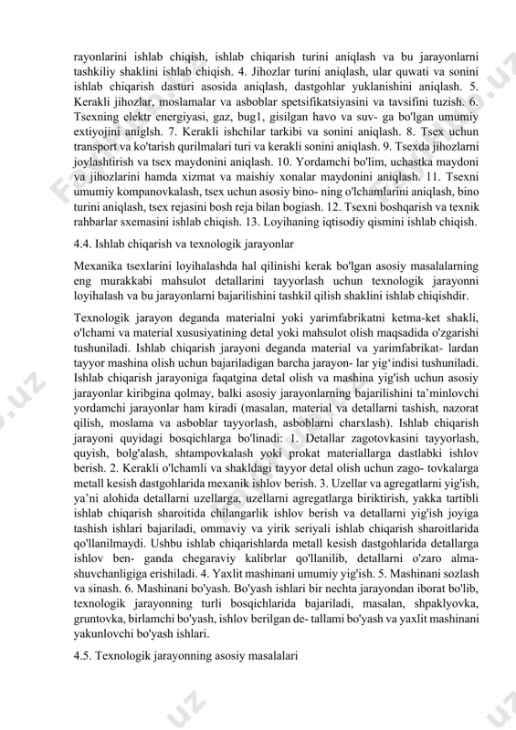 artli soni bilan bog'liq holdagi tsex o'lchamlari. 1- sinfga yengil mashinasozlik-dastlabki og'irligi 100 kg gacha bo'lgan detallarga ishlov beruvchi tsexlar kiradi. 2- sinfga o'rta mashinasozlik-dastlabki og'irligi 2000 kg gacha bo'lgan detallarga ishlov beruvchi tsexlar kiradi. 3-sinfga og'ir mashinasozlik- dastlabki og'irligi 15000 kg gacha bo'lgan detallarga ishlov beruvchi tsexlar kiradi. 4- sinfga o'ta og'ir mashinasozlik-dastlabki og'irligi 15000 kg dan yuqori bo'lgan detallarga ishlov beruvchi tsexlar kiradi. mexanika tsexi tarkibi quyidagilardan iborat bo'ladi: - ishlab chiqarish bo'limi va uchastkalari; - yordamchi bo'limlar; - xizmat xonalari; - maishiy xonalar; -jamoat tashkilotlari xonalari. mexanika tsexining ishlab chiqarish bo'lim va uchastkalari texnologik jarayondagi detallarga ishlov berish uchun jihozlar va ish joylarini joylashtirish uchun, ba’zi hollarda mahsulot uzel- larini yig'ish uchun ham xizmat qiladi. tsexning yordamchi bo'lim va uchastkalariga yordamchi bo'lim va omborxonalar kiradi. bularga: 1. tayyorlov bo'limi. 2. charxlash bo'limi. 3. nazorat bo'limi. 4. ta’mirlash bo'limi 5. moslamalar va asboblarni ta’mirlash ustaxonasi. 6. tsex ener- …