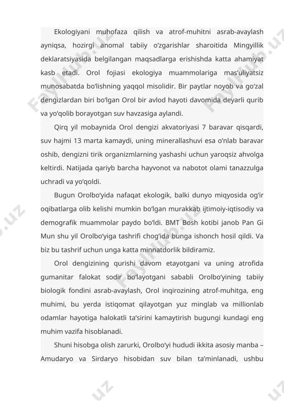 u inshootlar barpo etiladigan zonalarning seysmik xavfi 8-9 ballni tashkil etishini hisobga olsak, bularning barchasi ekologiyaga o‘nglab bo‘lmaydigan zarar yetkazishi va xavfli texnogen halokatlarga olib kelishi mumkinligi ayon bo‘ladi. ko‘plab xalqaro ekologiya tashkilotlari va nufuzli ekspertlar tavsiya qilayotganidek, ushbu daryolardan shu miqdordagi energetika quvvatlarini olish uchun nisbatan xavfsiz, ammo ancha tejamkor kichik geslar qurilishiga o‘tish oqilona yo‘l bo‘lur edi. qurib borayotgan orol muammosi – bu ushbu mintaqada yashayotgan, bmt dek nufuzli tashkilotga umid bilan yordam so‘rab murojaat qilayotgan millionlab odamlarning muammosidir. janob rais! fursatdan foydalanib, sammit ishtirokchilariga o‘zbekistonda mingyillik deklaratsiyasida belgilangan maqsadlarga erishish yo‘lida amalga oshirilgan ishlar haqida qisqacha ma’lumot bermoqchiman. o‘zbekiston respublikasi mustaqil davlat sifatida bmt a’zolari safidan joy olganiga atigi 19 yil bo‘ldi. ilgari o‘zining bir tomonlama rivojlangan xomashyo yetishtirishga yo‘naltirilgan iqtisodiyoti, halokatli paxta yakkahokimligi avjga chiqqan, qoloq ishlab chiqarish va ijtimoiy infratuzilmasi, jon boshiga iste’mol darajasi past bo‘lgan mamlakatimiz mustaqil rivojlanish yillarida yangi va ulkan marralarni qo‘lga …