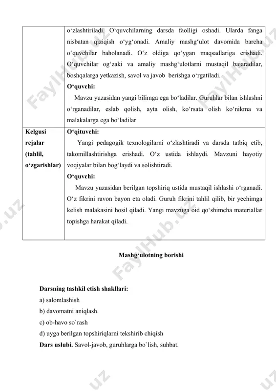 liy mashg‘ulotlarni mustaqil bajaradilar, boshqalarga yetkazish, savol va javob berishga o‘rgatiladi. o‘quvchi: mavzu yuzasidan yangi bilimga ega bo‘ladilar. guruhlar bilan ishlashni o‘rganadilar, eslab qolish, ayta olish, ko‘rsata olish ko‘nikma va malakalarga ega bo‘ladilar kelgusi rejalar (tahlil, o‘zgarishlar) o‘qituvchi: yangi pedagogik texnologilarni o‘zlashtiradi va darsda tatbiq etib, takomillashtirishga erishadi. o‘z ustida ishlaydi. mavzuni hayotiy voqiyalar bilan bog‘laydi va solishtiradi. o‘quvchi: mavzu yuzasidan berilgan topshiriq ustida mustaqil ishlashi o‘rganadi. o‘z fikrini ravon bayon eta oladi. guruh fikrini tahlil qilib, bir yechimga kelish malakasini hosil qiladi. yangi mavzuga oid qo‘shimcha materiallar topishga harakat qiladi. mashg‘ulotning borishi darsning tashkil etish shakllari: a) salomlashish b) davomatni aniqlash. c) ob-havo so`rash d) uyga berilgan topshiriqlarni tekshirib chiqish dars uslubi. savol-javob, guruhlarga bo`lish, suhbat. dars rejasi: 1. o`qituvchining kirish so`zi (1 daqiqa). 2. guruhlarga bo`linish (2 daqiqa). 3. biz bilgan bilimlar (xotirani sinash 6 daqiqa). 4.“geografik nomlarni bilasizmi?” elektron doskasi orqali bilimlarni tekshirish (5 daqiqa). 5. yangi …