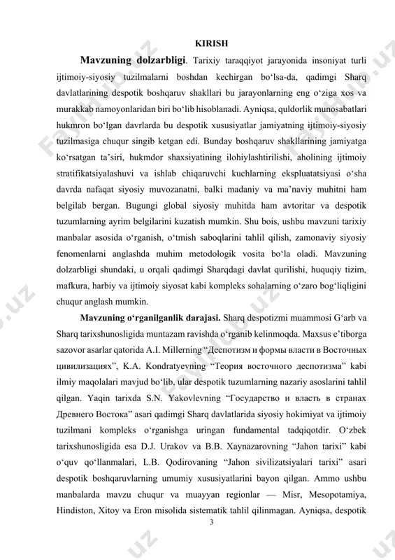 s siyosiy strukturasi, despotik tuzumning shakllanishi, hukmdor shaxsiyatining ilohiylashtirilishi va bu tizimlar orqali ijtimoiy nazoratning amalga oshirilishi tahlilning markazida turadi. ishning tuzulishi. kurs ishi kirish, uchta asosiy reja (bo‘lim) va xulosa hamda foydalanilgan adabiyotlardan iborat. birinchi rejada qadimgi sharq davlatlarining shakllanish tarixiy sharoitlari va ijtimoiy-siyosiy asoslari tahlil qilinadi. ikkinchi rejada despotik boshqaruv shakllarining har bir yirik sharq sivilizatsiyasidagi namoyon bo‘lish shakllari o‘rganiladi. uchinchi rejada quldorlik tizimining harbiy tarixdagi ifodasi, despotizm bilan o‘zaro bog‘liqligi, va bu tizimlarning parchalanishi muhokama qilinadi. yakunda esa umumlashtiruvchi xulosalar beriladi. ishda zamonaviy ilmiy yondashuvlar, tarixiy manbalar va qiyosiy tahlil usullari asosida har bir mavzuga yondashilgan. adabiyotlar tahlili: mazkur kurs ishining ilmiy-metodik asosini jahon tarixiga oid fundamental qo‘llanmalar va maqolalar tashkil qiladi. xususan, d.j. urakov[footnoteref:1], r.n. tursunov, a.a. biykuziyev va b.b. xaynazarovning “jahon tarixi” o‘quv qo‘llanmasi, l.b. qodirovaning “jahon sivilizatsiyalari tarixi[footnoteref:2]” asari, hamda a.m. uzokov, l.l. nurullayev va t.t. nazarov tomonidan yozilgan “harbiy tarix[footnoteref:3]” nomli qo‘llanma bu …