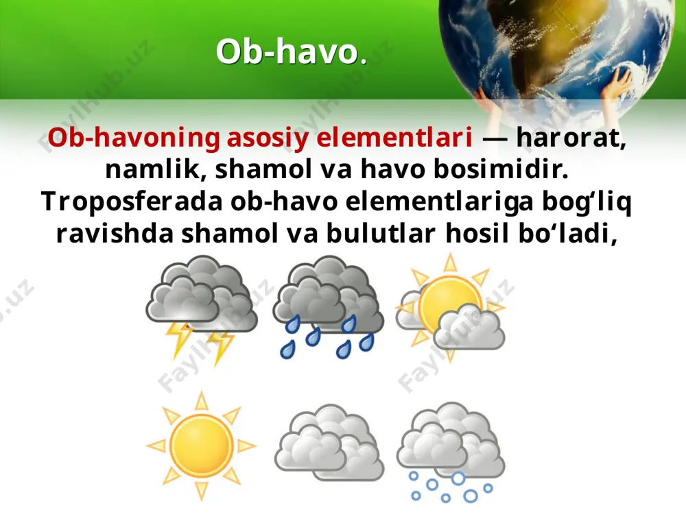 padagi ispaniya va gretsiya davlatlari o‘zbekiston bilan bir xil geografik kenglikda joylashgan. qishda iliq, yozda salqin va yog‘in ko‘p yog‘adigan, dengizga yaqin joylar iqlimi dengiz iqlimi deyiladi. qish sovuq, yoz issiq va yog‘in kam yog‘adigan iqlim kontinental iqlim deb yuritiladi. savol va topshiriqlar: 1. ob-havo deb nimaga aytiladi? 2. ob-havoning o‘zgarishiga nimalar sabab bo‘ladi? 3. iqlim nima? iqlim haqidagi bilimlar nima uchun zarur? image2.jpeg image3.jpg image4.jpg image5.jpg image6.jpg image7.jpeg image8.jpeg image9.jpeg image10.jpg image11.jpg image12.emf image13.png image14.jpg image15.jpeg image1.jpeg