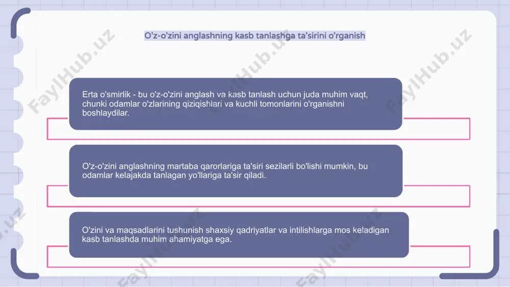 uhim davr va bu ularning kasb tanlashiga katta ta'sir ko'rsatishi mumkin. ushbu yosh guruhida o'z-o'zini anglashni rivojlantirish uchun introspektsiya mashqlari, shaxsiyatni baholash va martaba qobiliyati testlari kabi strategiyalar juda foydali bo'lishi mumkin. erta o'smirlarga o'z qiziqishlari, qadriyatlari va kuchli tomonlarini o'rganish uchun vositalar va imkoniyatlarni taqdim etish orqali biz ularga kelajakdagi martaba yo'llari haqida ongli va ishonchli qarorlar qabul qilishlariga yordam bera olamiz. o'z-o'zini anglash muammolarini hal qiladigan o'smirlar uchun martaba bo'yicha maslahat erta o'smirlik davrida o'z-o'zini anglash ko'plab o'smirlar uchun qiyin bo'lishi mumkin, ayniqsa kasb tanlashda. karyera bo'yicha maslahatlar o'smirlarga ushbu muammolarni hal qilishda yordam berishda muhim rol o'ynaydi. o'z kuchli tomonlarini, ehtiroslarini va qadriyatlarini tushunish bilimli kasb tanlashda muhim ahamiyatga ega. maslahatchilar o'smirlarga turli xil variantlarni o'rganishga va ularning manfaatlariga mos keladigan potentsial martaba yo'llarini aniqlashga yordam berishlari mumkin. yo'l-yo'riq va qo'llab-quvvatlash orqali, kasb-hunar bo'yicha maslahatchilar o'smirlarga o'z kelajagi haqida ishonchli qarorlar qabul qilish imkoniyatini beradi. shaxsiylashtirilgan strategiyalar …