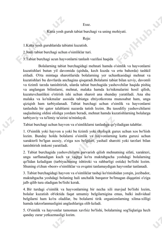 ir turdagi o'simlik va hayvonlarning bir necha xili mavjud bo'lishi lozim, bolalar kuzatish ob'ektida faqat umumiy belgilarnigina emas, balki individual belgilarni ham ko'ra oladilar, bu bolalarni tirik organizmlarning xilma-xilligi hamda takrorlanmasligini anglashlariga olib keladi. 5. o'simlik va hayvonlar tamoman xavfsiz bo'lishi, bolalarning sog'liqlariga hech qanday zarar yetkazmasligi lozim. 6. o'simlik va hayvonlarning bolalar tashkiloti binosidagi normal hayot faoliyati, o'sishi va rivojlanishida, binoning doimiy temperaturasini, karbonat angidrid gazining katta konsentratsiyasini, quruqligi, shovqin-suronning mavjudligini hisobga olish lozim. katta yosh guruhda narsalarni kuzatish, solishtirib ko‘rish, ularni turli belgilariga ko‘ra umumlashtirish ko‘nikmalarini shakllantirish davom ettiriladi. kuzatishlarning asosiy mazmuni o‘simlik va hayvonlarning o‘sishi hamda rivojlanishini, ularning mavsumlarda o‘zgarishlarini aniqlashdan iborat bo‘ladi. bolalar o‘simlik o‘sishi uchun yorug‘lik, nam, issiqlik, tuproqdan oziqlanishini, turli o‘simlik turli miqdordagi yorug‘lik va namlik talab qilishini bilishlari kerak. bolalarni o‘simliklar, ularning tashqi tuzilishining xususiyatlari, faqat barglarigina emas, balki poya va gullarining ham xilma-xilligi bilan tanishtirish davom ettiriladi. o‘simliklarni parvarish qilish usuli asosida …
