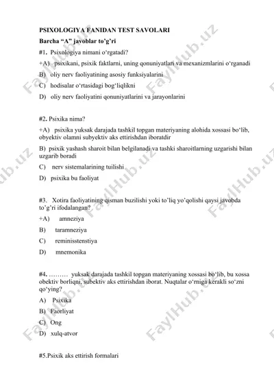 psixologiya fanidan test savolari — DOCX