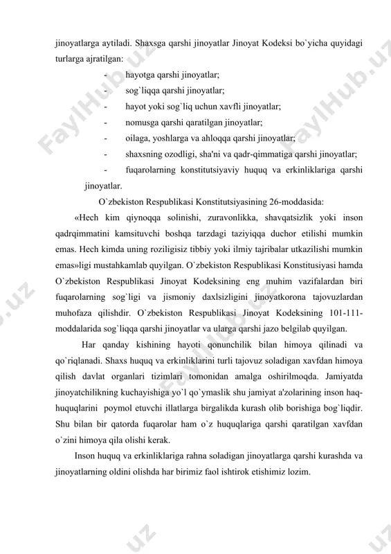 g inson haq-huquqlarini poymol etuvchi illatlarga birgalikda kurash olib borishiga bog`liqdir. shu bilan bir qatorda fuqarolar ham o`z huquqlariga qarshi qaratilgan xavfdan o`zini himoya qila olishi kerak. inson huquq va erkinliklariga rahna soladigan jinoyatlarga qarshi kurashda va jinoyatlarning oldini olishda har birimiz faol ishtirok etishimiz lozim. sud orqali himoyalanish huquqi har bir fuqaro uzining buzilgan huquqlarini sud orqali himoya qilish huquqiga ega. fuqarolarning bu huquqini ta'minlash uchun davlat sud hokimiyati tizimini tashkil etadi. o`zbekiston respublikasi fuqarolari uz huquqlarini har tomonlama tajovuzlardan himoya qilish uchun sudga murojaat qilish huquqini amalga oshirishning barcha huquqiy shart-sharoitlari yaratilgan. fuqarolarni sud tomonidan himoyalanish huquqining mazmuni o`zbekiston respublikasi «fuqarolarning huquq va erkinliklarini buzadigan xatti-harakatlar va qarorlar ustidan sudga shikoyat qilish tug`risida»gi 1995 yil 30 avgust qonunida bayon etilgan. ushbu qonun o`zbekiston respublikasi fuqarolarinigina emas, balki chet el fuqarolari va fuqaroligi bulmagan shaxslarning ham o`zbekiston respublikasi sud organlariga murojaat qilish huquqini kafolatlaydi. ushbu mavzu matnlaridan shunday xulosalar …