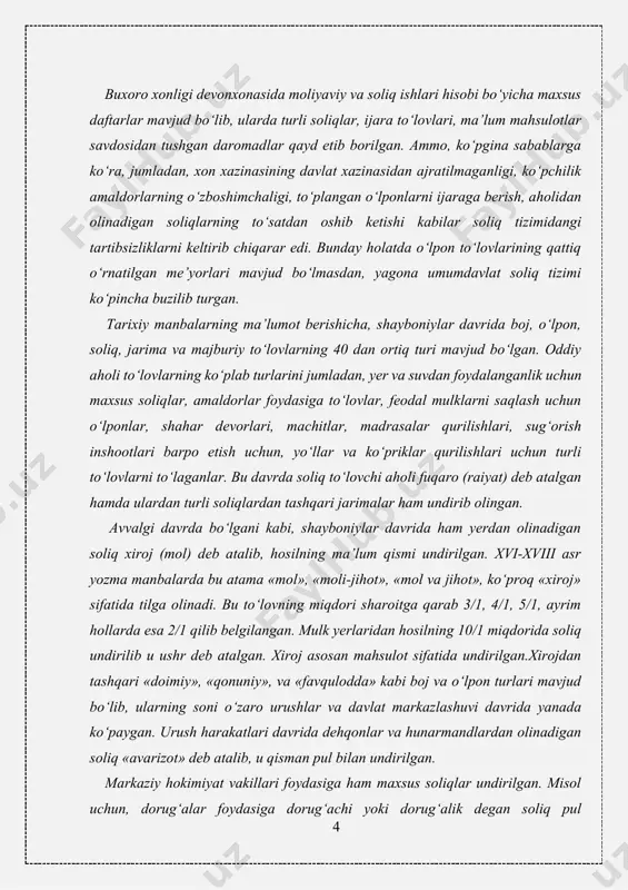 avrlar ayrim hukmdorlar (ubaydullaxon, abdullaxon ii) soliq tizimini tartibga solishga harakat qilganlar. ammo, bunday harakatlar har doim ham kerakli natijalarni bermagan. shayboniylar davrida tavar-pul munosabatlari va islohotlar shayboniylar davlatida turli vazndagi oltin, kumush, mis, mis va kumush aralashmasidagi tanga-chaqalar muomalada bo‘lgan. tadqiqotchilarning fikricha (davidovich ye.a.) oltin tangalar faqat shayboniyxon va abdullaxon ii davrlaridagina zarb etilgan. bu davrda pul zarb etish hamda kumush va mis tangalarning muomalada bo‘lishi bir-biri bilan bog‘liq holda kechgan. numizmatik ma’lumotlarga ko‘ra, xvi asrdagi pul muomalasining asosini «tanga» «tangacha», «xoniy» deb atalgan kumush hamda «mis dinor» yoki «dinor» deb atalgan mis tangalar tashkil etgan. eng kichik mis tangachalar «pul» yoki «qora pul» deb atalgan. muhammad shayboniyxon 1507 yilda hirotni egallagach, bu yerdagi jom’e machitida kengash chaqirib, pul islohoti haqidagi farmonini e’lon qiladi. bu paytda hirotdagi pul muomalasi chuqur inqirozga uchragan bo‘lib, ushbu islohot xurosondagi savdogar-zodagonlarni shayboniyxon tomoniga og‘dirishi lozim edi. yangi kumush tangachalarning vazni 5.2 g. bo‘lib …