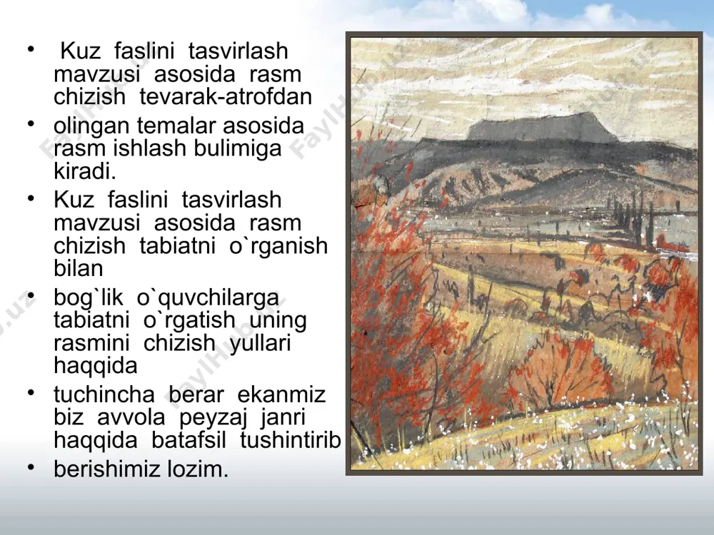 ishlash. sovuq ranglar: ko`k, moviy, kuk-siyaq, ko`k-yashil va bularning oralashpasidan kelib chiqqan ranglar. tuz, qor, suv, oy yariqligi v.h.k. iliq ranglar: qizil, sariq, olov rangi va quramida oz bulsada shu ranglar oralashmasi bor ranglar. iliq ranglar quyash rangi, olov va tabiatga haqiyqatdanham iliqliq beriuvchi istochniklarni eslatadi. rang tabiat kurinishini tuzishning qoidalari. tabiatdagi narsalarning rang nisbatlari va kompozitsiyasi. tabiatni tasvirlashdagi metodik ketma-ketlik. kompozitsiya va uning tasviriy san`atdagi ahamiyati. kompozitsiya xaqida umumiy ma`lumot. rassomlar ijodida mavzuli kompozitsiyalar. mavzuli kompozitsiyalar tuzish va uni tasvirlashdagi metodik ketma-ketlik. peyzaj kompozitsiyasi. turli mavzular kompozitsiya bo`yicha xomaki tasvirlar ishlash. muntazam tabiat manzarasini chizish natijasida o’quvchilar tabiatni nozik chizishga va tabiatni ma’lum holatini rangli, hamda turli xususiyatlarini to’laqonli tasvirlashga o’rganadilar. dala amaliyotida ishlangan manzara, sinfda ishlangan manzaradan farq qiladi. daladagi manzarada kuchli yorug’likni hosil qiluvchi yorug’likning ko’pligi, reflekslarni turli- tumanligi, manzara ob’ektlarini kuzatuvchidan yiroqligidir.