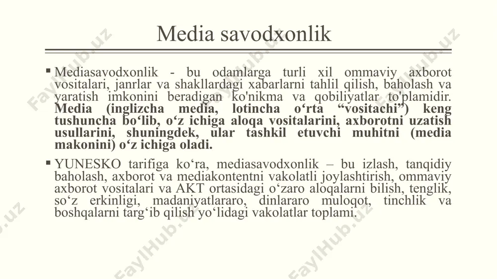 liyat tizimini anglatuvchi murakkab tushuncha sifatida ta'riflashga imkon beradi. axborot madaniyati tushunchasi media iste'moli va ommaviy axborot vositalarining xatti-harakati media iste'moli - bu bir kishi yoki bir guruh odamlar tomonidan iste'mol qilinadigan axborot yoki ko'ngilochar vositalar miqdori. ommaviy axborot vositalarining xatti-harakati - ijtimoiy-madaniy makon, milliy mentalitet, odatlar, texnik imkoniyatlar xususiyatlari bilan bog'liq bo'lgan ommaviy axborot vositalaridan foydalanishning individual shakllari. ommaviy axborot vositalarining rivojlanishi: xronologik tartibda ovozlar, imo-ishoralar raqs g'or rasmlari nutq rasm musiqa yozish, kitoblar, gazetalar, jurnallar telegraf, telefon, radio kino, televizor kompyuter, internet, smartfon, aqlli gadjetlar axborot texnologiyalarining jamiyatdagi o‘rni axborot texnologiyalari ma’lumotlarni boshqarish va qayta ishlash texnologiyadir. odatda bu atama ostida kompyuter texnologiyalari tushuniladi. axborot texnologiyalari sohasida turli axborotni kompyuter va kompyuter tarmoqlari orqali yigʻish, saqlash, himoyalash, qayta ishlash, uzatish kabi amallar ustida ishlar olib boriladi. axborot texnologiyalarining xozirgi zamon taraqqiyoti hamda yutuqlari fan va inson faoliyatining barcha soxalarini axborotlashtirish zarurligini ko‘rsatmoqda. jamiyatni axborotlashtirish deganda, axborotdan iqtisodni rivojlantirish, …
