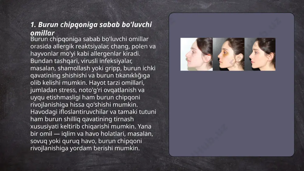 alar, masalan, chang, gul changi yoki hayvonlar epiteleiga sezgirligini oshiradi. tadqiqotlar shuni ko'rsatadiki, dunyo bo'ylab odamlarning taxminan 10-30 foizi allergik rinit, shu jumladan burun chipqonidan aziyat chekadi. burun chipqoni ko'pincha burun tiqilishi, shishishi va burundan suyuqlik oqishi kabi simptomlar orqali namoyon bo'ladi. immunitetni mustahkamlash uchun sog‘lom ovqatlanish, muntazam jismoniy faollik va yetarli miqdorda uyqu muhimdir. immunoterapiya allergik reaktsiyalarni kamaytirishga yordam berishi mumkin. ... t.me/slaydai_bot 7. burun chipqoniga qarshi xalq tabobati burun chipqoniga qarshi xalq tabobati usullari ko‘p. 1-2 tomchi tuz eritmasini burunga tomizish, ya'ni choraktas kanal tuz (9%) eritmasi foydali. 200 ml iliq suvga 1 choy qoshiq dengiz tuzi solib, burunni yuvish ham yordam beradi. sholg‘om suvini 2-3 tomchi burunga tomizish foydali. asalli iliq suv (1 qoshiq asal 200 ml suvga) bilan chayqash, anor qobig‘i qaynatmasini (20 g qobiqqa 200 ml suv) damlab ichish ham qo‘llaniladi. zanjabil choyiga ozgina limon va asal qo‘shib, ichish immunitetni oshiradi. yana sarimsoq va piyozni …
