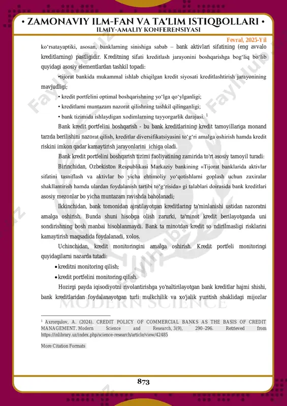. bunda, asosan, kreditlarni boshqarish jarayonining asosiy axamiyat kasb etishiga sabab shuki, uning sifati bank ishining samradorligiga bog‘liqdir. iqtisodchilar tomonidan jahon banklarining sinishi (bankrotlikka uchrashi) sabablarini tadqiq qilish shuni mailto:mrelyormingliboyev2006@gmail.com fevral, 2025-yil 873 ko‘rsatayaptiki, asosan, banklarning sinishiga sabab – bank aktivlari sifatining (eng avvalo kreditlarning) pastligidir. kreditning sifati kreditlash jarayonini boshqarishga bog‘liq bo‘lib quyidagi asosiy elementlardan tashkil topadi: •tijorat bankida mukammal ishlab chiqilgan kredit siyosati kreditlashtirish jarayonining mavjudligi; • kredit portfelini optimal boshqarishning yo‘lga qo‘ylganligi; • kreditlarni muntazam nazorat qilishning tashkil qilinganligi; • bank tizimida ishlaydigan xodimlarning tayyorgarlik darajasi. 1 bank kredit portfelini boshqarish - bu bank kreditlarining kredit tamoyillariga monand tarzda berilishini nazorat qilish, kreditlar diversifikatsiyasini to‘g‘ri amalga oshirish hamda kredit riskini imkon qadar kamaytirish jarayonlarini ichiga oladi. bank kredit portfelini boshqarish tizimi faoliyatining zamirida to'rt asosiy tamoyil turadi: birinchidan, ozbekiston respublikasi markaziy bankining «tijorat banklarida aktivlar sifatini tasniflash va aktivlar bo yicha ehtimoliy yo‘qotishlarni goplash uchun zaxiralar shakllantirish …