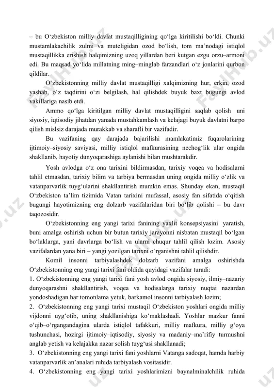 lari hamda tashkilotlari faoliyatini muvofiqlashtirish ishlarining samaradorligini oshirish, yoshlarda, avvalambor, umumta’lim maktablari, kasb–hunar kollejlari, akademik litseylar о‘quvchilarida, oliy о‘quv muassasalari talabalarida mamlakat tarixi haqidagi chuqur bilimlarni shakllantirish maqsadida о‘zbekiston respublikasi prezidentining "о‘zbekiston respublikasi fanlar akademiyasi huzurida о‘zbekistonning eng yangi tarixi bо‘yicha jamoatchilik kengashi faoliyatini tashkil etish tо‘g‘risida"gi qarori qabul qilindi. ushbu qaror bilan о‘zbekistonning eng yangi tarixi bо‘yicha jamoatchilik kengashining quyidagi asosiy vazifalari belgilandi: demokratik huquqiy davlat va fuqarolik jamiyatini shakllantirishning "о‘zbek modeli" mohiyati va mazmunini, jamiyatda barqarorlikni, millatlararo totuvlik va diniy bag‘rikenglikni saqlash bо‘yicha keng kо‘lamli ishlarni, hozirgi dunyoda о‘zbekistonning roli va о‘rnini chuqur о‘rganish va yaqqol ochib berish. xx asrning mamlakatimiz xalqlariga bergan eng buyuk va oliyjanob ne’mati · bu о‘zbekiston milliy davlat mustaqilligining qо‘lga kiritilishi bо‘ldi. chunki mustamlakachilik zulmi va muteligidan ozod bо‘lish, tom ma’nodagi istiqlol mustaqillikka erishish halqimizning uzoq yillardan beri kutgan ezgu orzu–armoni edi. bu maqsad yо‘lida millatning ming–minglab farzandlari о‘z jonlarini qurbon qildilar. о‘zbekistonning …