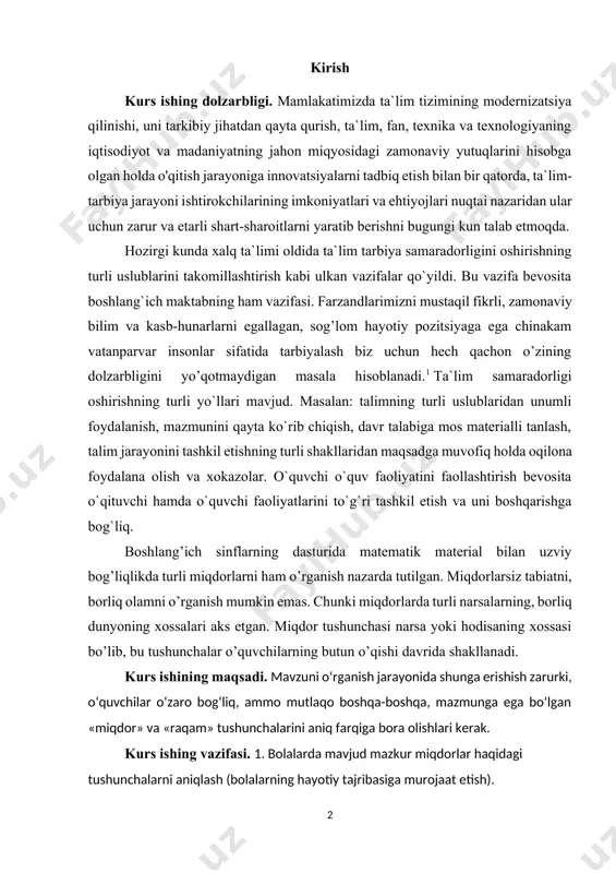 chunki miqdorlarda turli narsalarning, borliq dunyoning xossalari aks etgan. miqdor tushunchasi narsa yoki hodisaning xossasi bo’lib, bu tushunchalar o’quvchilarning butun o’qishi davrida shakllanadi. kurs ishining maqsadi. mavzuni o‘rganish jarayonida shunga erishish zarurki, o‘quvchilar o‘zaro bog‘liq, ammo mutlaqo boshqa-boshqa, mazmunga ega bo‘lgan «miqdor» va «raqam» tushunchalarini aniq farqiga bora olishlari kerak. kurs ishing vazifasi. 1. bolalarda mavjud mazkur miqdorlar haqidagi tushunchalarni aniqlash (bolalarning hayotiy tajribasiga murojaat etish). 2. bir xil nomli miqdorlarni solishtirish (chamalab ko‘rinish, solishtirish, taqqoslash, o‘lchash va boshqa xil usullar bilan). 3. mazkur miqdorning o‘lchov birligi va o‘lchov asboblari bilan tanishtirish. 4. o‘quvchilarda o‘lchash ko‘nikmalari hosil qilish. 5. bir xil nomdagi miqdorlarni qo‘shish va ayirish. (masalalarni yechish jarayonida). 6. miqdorlarning yangi o‘lchov birliklari bilan tanishtirish, bir nomdagi miqdorlarni boshqa o‘lchov birliklariga aylantirish. ikki bir xil nomli o‘lchov birliklarini bitta ikki nomli o‘lchov birligiga aylantirish va aksincha. kurs ishinning obekti. biz o’quvchilarga uzunlik, jismning massasi (og’irlik), hajmi, vaqt, figuraning yuzi …
