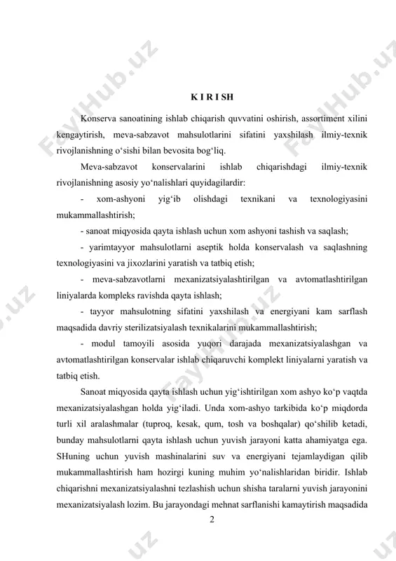 ishi kamaytirish maqsadida taralarga kompleks sanitar ishlov beruvchi uskunalar ishlab chiqarishi va tatbiq etishi rejalashtirilmoqda. umuman olganda konserva korxonalarini quvvatini ko‘tarish va ish unumdorligini oshirishda qurilmalarning ahamiyati kattadir. konservalash sohasida ishlatiladigan qurilmalar va uskunalar moshinasozlik sanoati tomonidan ayrim-ayrim holda yoki uzluksiz ish jarayonini bajaruvchi liniyalar sifatida tayyorlaniladi. bugungi kunda konserva korxonalarida juda ko‘p chet el liniyalaridan foydalanilmoqda. ulardagi ishlab chiqarish jarayonlari shunday tashkil qilinganki, ularga kiritilgan xom-ashyo jarayon oxirida qadoqlangan holdagi tayyor mahsulot o‘rinishida qabul qilinadi. masalan, italiyaning va shveysariyaning «tetra-pak» liniyalari yoki amerika va avstraliyadan keltirilgan aseptik holda qadoqlovchi liniyalar. shunday qilib, konservalash sohasini mashina va qurilmalari qatori kundan-kunga ko‘paymoqda, eskirgan, hozirgi kunda ishlatish uchun noqulay bo‘lgan katta quvvatli qurilmalar o‘rnini yangi, zamonaviy, bugungi kunning talabiga javob beruvchi uskunalar egallamoqda. texnologik qurilmalar strukturasi va sinflanishi konserva sanoati korxonalari qo‘l mexanatini mexanizatsiyalashtirish va uni boshqarishni avtomatlashtirishga xizmat qiladigan uskunalar bilan jiozlangan. qishloq xo‘jalik xom ashyosini oziq – ovqat va texnik …
