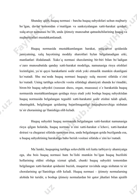 liq bo`lmagan holda tegashli bo`ladi, ya`ni u biron bir konkret hol va hayotiy holatga mo`ljallangan bo`lmay, balki ularning muayyan bir ko`rinishiga, turiga, ya`ni ijtimoiy munosabatlarning ma`lum bir kategoriyasiga, turkumiga tegashlidir (masalan: bitimlar tuzish, penskyaga chiqish tartibi, nikoxdan o`tish va hokazo). huquqiy normaning umumiy xarakterga ega ekanligi avvalambor shunda ko`rinadiki, toki huquqiy normada ko`zda tutilgan holatlar yuzaga kelaverar ekan, bu norma ham qo`llanilaveradi, qo`llanilgach esa kuchini yo`qotmaydi. masalan, o`zbekiston respublikasi ma`muriy javobgarlik to`g`risidagi kodeksining 125-moddasi - «transport vositalaridan foydalanish qoidalarini buzish» - shu paytgacha sodir etilgan va etilishi mumkin bo`lgan ma`muriy huquqbuzarlik holla-rida qo`llaniladi. huquqiy normaning yana bir muhim jihati uning davlat erki-irodasini, amrini ifoda etishida ko`rinadi. shu bois, huquq normasi - muayyan munosabatlar ifodasi yoki muayyan harakatni sodir etishni maslahat beruvchi tavsiyanoma tar-zidagi qoida bo`lmay, balki, shu normada ko`rsatilgan holatlar yuzaga kelganda qanday harakat qilish lozimligini belgilovchi hokimona amr - buyruqdir. zero, har qanday huquq normasi vakolatli davlat organi tomonvdan …