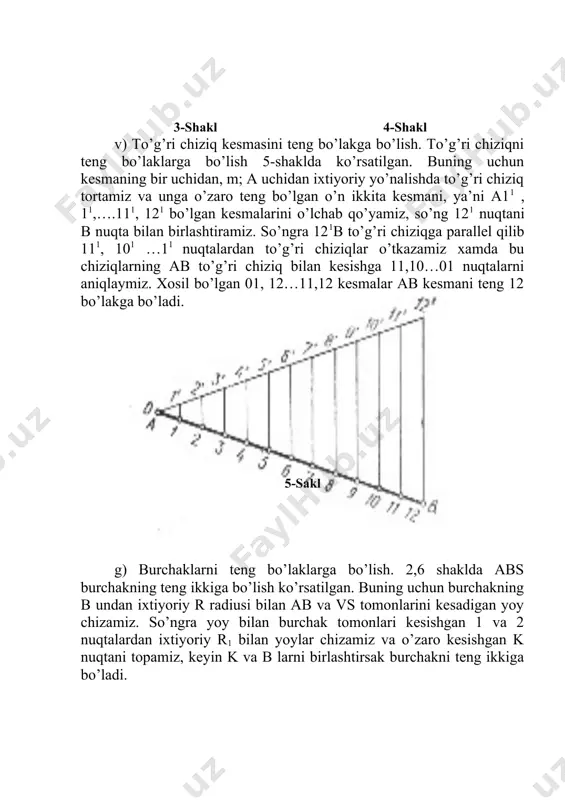 geometriyadan ma’lum bo’lgan va ko’p uchraydigan ba’zi bir oddiy geometrik shakllarning yasalishini ko’rib chiqamiz. 11-shakl, a da aylana ichida teng tomonli uchburchak yasash ko’rsatilgan. buning uchun aylananing k nuqtasidan aylana radiusi r bilan yoy chiziladi, bu yoy bilan aylananing kesishgan a va s nuqtalari aniqlanadi xamda bu nuqtalar o’zaro birlashtiriladi b ni topish uchun as kesmaga teng bo’lgan yoy chiziladi. bu yoy aylana bilan kesishib, b nuqtani xosil qiladi. abs larni o’zaro utashtirsak teng tomonli uchburchak yasalsdi. a) b) v) g ) d) e) j) 11-shakl aylana muntazam to’rtburchak 11-shakl, b da radusi r va markazi o nuqta bo’lgan aylanaga urinuvchi muntazam to’rtburchak yasash ko’rsatilgan. 11-shakl, v da radusi r va markazi o nuqta bo’lgan aylanaga urinuvchi muntazam beshburchak, 11-shakl, g da muntazam oltiburchak, 11-shakl, e da etti burchakli, 11-shakl, d ga muntazam sakkizburchak, 11-shakl, j ga muntazam o’n ikki burchak yasashi ko’rsatilgan. 3.tutashmalar. chizmalarni chizishda, ko’pincha, bir chiziqdan ikkinchi …