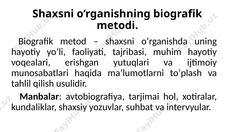 t bermaydi. suhbat va intervyu asosidagi biografik metod shaxs bilan bevosita suhbat o‘tkazib, uning hayot yo‘li, qadriyatlari, boshidan kechirgan voqealari haqida ma’lumot olish. bu usul shaxsning sub’ektiv tajribasini ko‘rsatib beradi. masalan, klinik psixologiyada travmatik voqealarni o‘rganishda qo‘llaniladi. kundaliklar va shaxsiy yozuvlarni tahlil qilish shaxsning yozgan kundaliklari, shaxsiy eslatmalari, badiiy asarlari, ijtimoiy tarmoqlardagi yozuvlarini o‘rganish. bu usul odamning his-tuyg‘ularini, ichki kechinmalarini bilishga yordam beradi. kompleks biografik metod yuqoridagi barcha manbalarni birlashtirib qo‘llash (avtobiografiya, hujjatlar, suhbat, tashqi kuzatuvchilar fikri). eng ishonchli usul hisoblanadi, chunki turli manbalar bir-birini to‘ldiradi va tekshiradi. biografik metodlarning afzalliklari shaxs rivojlanishini uzluksiz jarayon sifatida ko‘rsatadi. tarixiy, ijtimoiy va psixologik omillarni birgalikda o‘rganish imkonini beradi. o‘zini o‘zi anglash, qadriyatlar tizimini aniqlashda muhim. . xulosa biografik metodlar shaxsni o‘rganishda boy material beradi. avtobiografik, tarjimai hol, hujjatli, suhbat-intervyu, kundaliklarni tahlil qilish va kompleks yondashuv kabi turlari mavjud. har bir turi o‘zining afzalliklari va cheklovlariga ega bo‘lib, ko‘pincha ular kompleks qo‘llanganda eng …