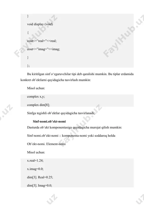 lar № masala sharti 1. talaba sinfini yarating. unda kamida 5 ta maydon va ularni ekranga chiqaruvchi, qayta ishlovchi usullarni yarating. dastur kodi:#include #include using namespace std; // talaba sinfining kerakli atributlari e'lon shuyerda class talaba { private: string ism; int yosh; string id; double baho; string fakultet; public: // konstruktor ni yaratish talaba(string ism, int yosh, string id, double baho, string fakultet) { this->ism = ism; this->yosh = yosh; this->id = id; this->baho = baho; this->fakultet = fakultet; } // malumotlarni ekranga chiqarish un fya void chiqarish() const { cout > yosh; cin.ignore(); // bu qator keyingi getline uchun to'g'ri ishlashi uchun kerak cout > baho; cin.ignore();// bu qator keyingi getline uchun to'g'ri ishlashi uchun kerak cout > yangibaho; talaba1.bahoozgartir(yangibaho); // yoshni oshirish cout > qanchayosh; talaba1.yoshnioshirish(qanchayosh); // fakultetni yangilash cout << "yangi fakultetni kiriting: "; cin.ignore(); // kiritishdagi muammolarni oldini olish uchun string yangifakultet; getline(cin, yangifakultet); talaba1.fakultetozgartir(yangifakultet); // …