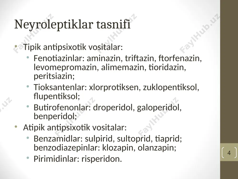 iorelaksatsiyalovchi) effekt. anamnestik effekt – yuqori dozalarda antegrad amneziya (zaxarlanishgacha bo‘lgan voqealarni xotiradan chiqishi). xolsizlik, uyquchanlik, reaksiyalarni sekinlashishi, koordinatsiyaning buzilishi. alkogol ta’sirini potensirlash – og‘ir mastlik bekor qilish sindromi– qo‘rquv, tungi daxshatlar, bosh aylanishi, tremor. anksiolitiklar bilan zaxarlanishda benzodiazepin retseptorlari blokatori flumazenil qo‘llaniladi. * sedativ (tinchlantiruvchi) vositalar sedativ vositalar: bromidlar, valeriana, pustirnik, passiflora, melissa, xmel, pion, yalpiz, benzodiazepinlar, barbituratlar. bromidlar bromizm chaqiradi –bromdan surunkali zaxarlanish: apatiya, uyquchanlik, xotraning susayishi, toshmalar, kon’yunktivit, yo‘tal, burun oqishi. ko‘rsatma: nevroz, stress. sedativ preparatlarning nojo‘ya ta’sirlari: umumiy xolsizlik, asteniya, uyquchanlik, impotensiya, allergik reaksiyalar, vegeto-tomir distoniyasi. * psixostimulyatorlar sog‘lom odamlarda xam bemorlarda xam aqliy faoliyat va ish qobiliyatini oshiradi, ishlash qobiliyati va diqqatni kuchaytiradi, tetiklik xolatini saqlab turadi, kuch ko‘payishi xissini chaqiradi, uyquga talabni kamaytiradi, eyforizatsiyalovchi ta’sir etadi. * psixostimulyatorlar tasnifi fenilalkilaminlar: fenamin (amfetamin sulfat). piperidinlar: piridrol (pipradol), meridil (sentedrin). sidnoniminlar: sidnokarb (mezokarb). metilksantinlar: kofein, kofein-benzoat natriya, teofillin, teobromin, sulfokamfokain. o‘simlikdan olinadigan: jenshen, limonnik, eleuterokokk, radiola, …