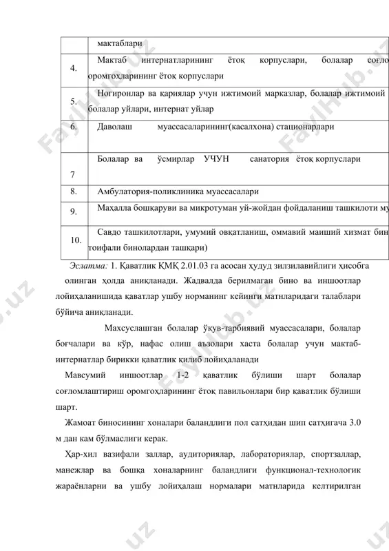 андислик жиҳозларининг габаритларига асосланиб ва улардан фойдаланиш шароитларидан келиб чиққан ҳолда белгиланади. жиҳозларга қараш ва таъмирлаш йўлакларида баландлик конструкциянинг пастга чиқиб турган сатҳигача 1.8 м дан кам бўлмаслиги шарт. техник қаватда ёки ер полостида баландликни 1.6 м қилиб олиш фақат у хоналарда ёнмайдиган, изоляция ашёси ўралган, қопламали қувур ўтказгич муҳандислик тармоқлари жойлашгандагина рухсат этилади. бино остини кесиб ўтувчи транспорт йўлаги кенглиги (конструкция ташқи сатҳлари оралиғи) 3.5 м дан, баландлиги 4.25 м дан кам бўлмаслиги керак; ушбу талаб автотранспортга, ёнғин машиналарига мўлжалланмаган йўлакларга тадбиқ этилмайди. бинога кираверишдаги хона пол сатҳи киравериш ташқи йўлак сатҳидан 0.15 м дан кам бўлмаган баландликда бўлиши керак. бу баландликни камайтиришга хонага ёнгингарчилик тушмаслиги учун махсус ҳимоя воситалари қўлланилгандагина йўл қўйилади. бино ва иншоотларнинг умумий, фойдали ва ҳисобий майдонлари, қурилиш ҳажми, қурилма майдони миқдорларини ҳисоблаш қоидалари мажбурий 3- иловада келтирилган. барча жамоат бинолари ва иншоотларида, мулкдорлик шаклидан қатьий назар, ногиронлар кресло-коляскада қулай кириб-чиқишлари учун қия йўлакчалар, ҳамда …