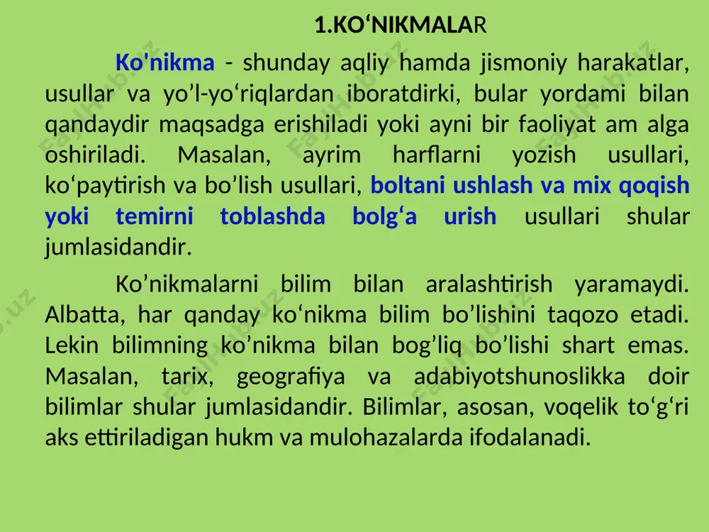 dan so‘ng, yoki bilib olish davomida o‘quvchi, o‘rgatilgan qoida yoki ko'rsatilgan namunalarga mos ravishda, ishning hadisini ola boshlaydi. shunday hollar ham bo’ladiki, o‘quvchi oldin tegishli bilimlarni o‘zlashtirmasdan turib, berilgan nusxalarga taqlid qilish yo’li bilan ba’zi ko‘nikmalar hosil qiladi. lekin bunday holda ham ko'nikmalar har holda berilgan nusxani mustaqil kuzatish yo’li bilan olingan bilimga asoslanadi. ammo bunday bilimlarning aniq bo’lmasligi tufayli ko‘r-ko‘rona taqlid qilish yo’li bilan orttirilgan ko‘nikmalar yetarli darajada o‘qib olinmagan va to’la takomillashmagan bo’ladi. ko'nikmalar murakkablik darajalari jihatidan ham bir-biridan farq qiladi. ko'nikma oddiy yoki murakkab bo'lishi mumkin. masalan, harflarning elementlaridan chiziqcha yoki aylana yozish oddiy ko'nikma bo'lsa, butun bir so'zlarni yozish murakkab ko'nikmadir. murakkab bo'lgan yozish ko'nikmasi o'z ichiga bir qator oddiyroq ko'nikmalarni oladi. masalan, ruchkani to'g'ri ushlash, yozishda ruchkaning bosimini to‘g'ri nazorat qila bilish ko'nikmalari. sonlarni kvadrat yoki kub ildizdan chiqarishga qaraganda ularni arifmetika usulida qo‘shish oddiy ko‘nikma bo’ladi. ninaga ip taqish va tugmacha chatish — oddiy …