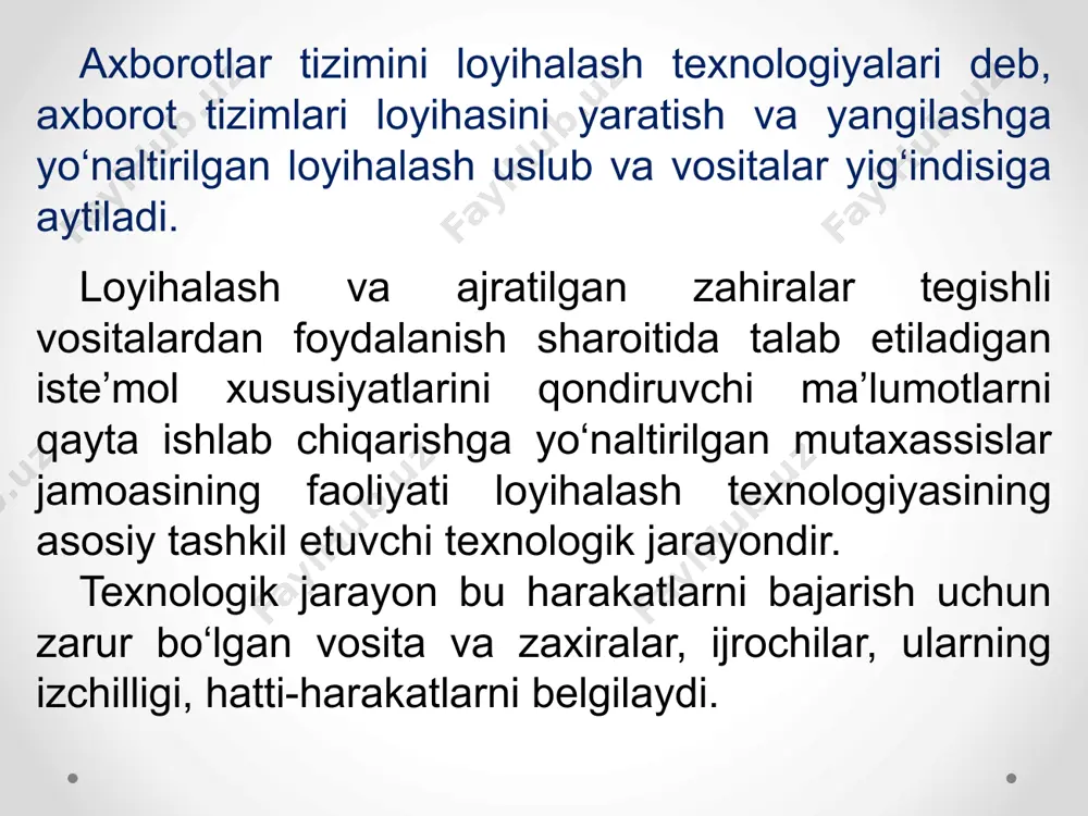 loyihalashtirishdan oldingi tadqiq qilish: 1-bosqich - loyihalashtirish uchun materiallarni yig‘ish, talablarni shakllantirish, loyihalashtirish obyektini o‘rganish, tizim konsepsiyasi variantini ishlab chiqish va tanlash; 2-bosqich – materiallarni tahlil qilish va hujjatlarni shakllantirish. ii palla. loyihalashtirish: 1-bosqich – texnik loyihalashtirish; 2-bosqich – ishchi loyihalashtirish. loyihalashtirishning asosiy pallalari va bosqichlarida bajariladigan bajariladigan ishlar: iii palla. tizimni ishga tushirish: 1-bosqich – texnik vositalarni o‘rganish va foydalanishga kiritish, ma’lumotlar bazalarini ish bilan toliq ta’minlash hamda dasturlardan tajribali foydalanish, xodimlarni o‘qitish; 2-bosqich – tizimning barcha tarkibiy qismlarini sanoat foydalanishiga topshirishdan oldin tajriba sinovlari o‘tkazish, xodimlarni o‘qitish; 3-bosqich – (aatva aatexning yakunlovchi bosqichi) sanoat foydalanishiga topshirish. iv palla. sanoat foydalanishi: 1-bosqich – kundalik faoliyat yuritishdan tashqari, o‘z ichiga dastiriy vositalar va butun loyihani birga borishini, ma’lumotlar bazalari tezkor xizmat ko‘rsatishi va idora qilinishi texnik - iqtisodiy baholash muhimligini muhokamasi, axborot yig‘ish vositalari. loyihani boshqarish rejalashtirish jarayoni, tizim rivojlanish jarayoni faoliyatini nazorat qilishni o‘zida aks ettiradi. loyihani boshqarishning maqsadi …
