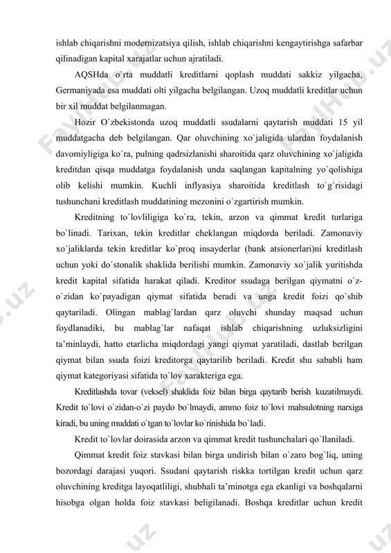 tni o`z-o`zidan ko`payadigan qiymat sifatida beradi va unga kredit foizi qo`shib qaytariladi. olingan mablag`lardan qarz oluvchi shunday maqsad uchun foydlanadiki, bu mablag`lar nafaqat ishlab chiqarishning uzluksizligini ta’minlaydi, hatto etarlicha miqdordagi yangi qiymat yaratiladi, dastlab berilgan qiymat bilan ssuda foizi kreditorga qaytarilib beriladi. kredit shu sababli ham qiymat kategoriyasi sifatida to`lov xarakteriga ega. kreditlashda tovar (veksel) shaklida foiz bilan birga qaytarib berish kuzatilmaydi. kredit to`lovi o`zidan-o`zi paydo bo`lmaydi, ammo foiz to`lovi mahsulotning narxiga kiradi, bu uning muddati o`tgan to`lovlar ko`rinishida bo`ladi. kredit to`lovlar doirasida arzon va qimmat kredit tushunchalari qo`llaniladi. qimmat kredit foiz stavkasi bilan birga undirish bilan o`zaro bog`liq, uning bozordagi darajasi yuqori. ssudani qaytarish riskka tortilgan kredit uchun qarz oluvchining kreditga layoqatliligi, shubhali ta’minotga ega ekanligi va boshqalarni hisobga olgan holda foiz stavkasi beligilanadi. boshqa kreditlar uchun kredit shartnomasi shartlariga va intizomiga rioya qilinmagan holatlarda o`ziga xos sanksiya (oshirilgan foiz stavkasi) lar qo`llaniladi. aslida arzon kredit bilan qimmat kredit …