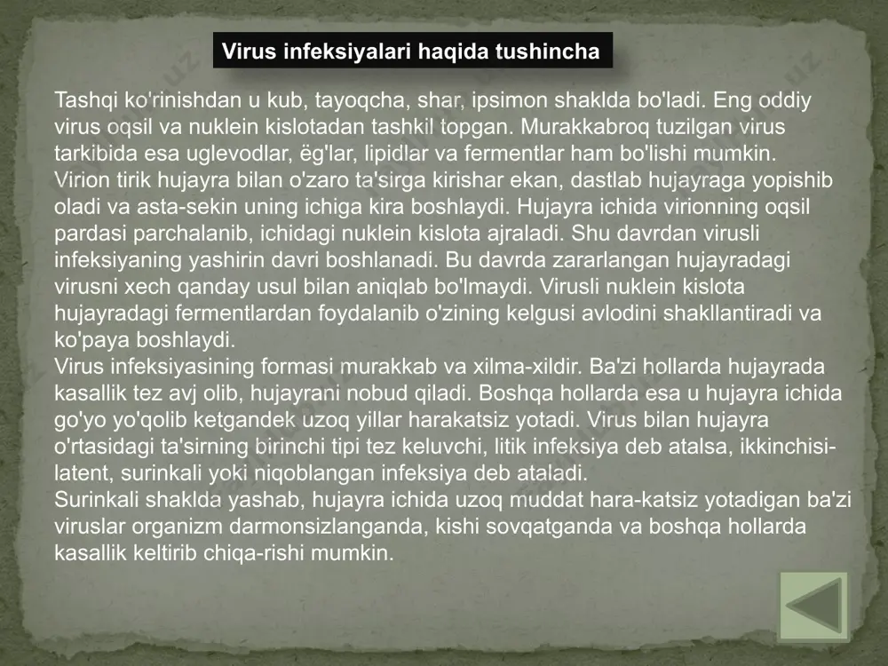 a tarqa-lishi odam immuntanqislik virusining dunyo bo'yicha tarqalishiodam immuntanqislik virusining dunyo bo'yicha tarqalishi odam immuntanqislik virusi (oiv), ikkilamchi immun-tanqislik guruxiga kiritiladi. bundan 30 yillar muqaddam insoniyat yer yuzida infeksion kasalliklar havfi tugatildi degan xulosaga kelib, shifoxonalardagi o'rinlarni qisqartirish masalasi o'rtaga tashlangan edi. hayot 80 yillarda oivning paydo bo'lishi bilan bunday xulosalar noto'g'ri ekanligini ko'rsatdi. oiv yong'in kabi hozir barcha qit'alarni egalladi. shuning uchun ham orttirilgan inmuntanqislik sindromi(oits)ni «xx» asr vabosi deb ataldi. qisqa vaqt ichida butun dunyo sog'liqni saqlash tashkiloti uchun birlamchi muammoga aylanib, rak va yurak- qon tomir kasalliklarini ikkilamchi o'ringa chiqarib qo'ydi. xanuz-gacha bunday qisqa vaqt ichida har qanday kasallik olimlarga oiv singari og'ir muammo tug'dirgan emas. oivga qarshi kurash dunyo bo'yicha kundan-kunga o'sib boruvchi harakat bilan ishlashni talab qiladi. dunyo matbuotida har oyda yoritilayotgan oiv haqidagi malumotlarga nazar tashlar ekanmiz, bu kasallik patologiyasiga bo'lgan nuqtai nazarni o'zgartirishimizga majbur qiladi. ho-zircha muammolar juda ham ko'p, lekin asosiy muammo …
