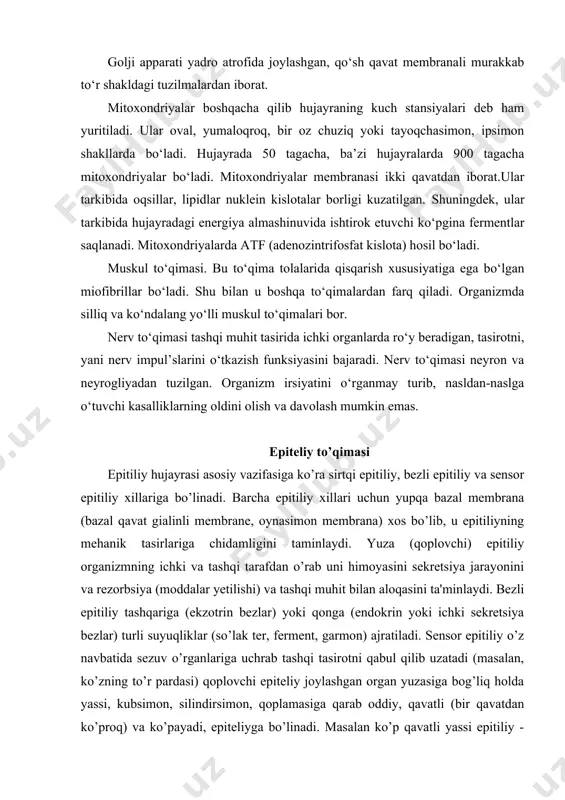 di. ribosomalar hujayrada juda mayda bo‘lib, sitoplazmada erkin holda ham bo‘ladi. yadroda joylashgan ribosomalarda yadro oqsillar sintezlanadi. endoplazmatik to‘rda joylashgan ribosomalar oqsillarni sintezlashda aktiv ro’l o‘ynaydi. golji apparati yadro atrofida joylashgan, qo‘sh qavat membranali murakkab to‘r shakldagi tuzilmalardan iborat. mitoxondriyalar boshqacha qilib hujayraning kuch stansiyalari deb ham yuritiladi. ular oval, yumaloqroq, bir oz chuziq yoki tayoqchasimon, ipsimon shakllarda bo‘ladi. hujayrada 50 tagacha, ba’zi hujayralarda 900 tagacha mitoxondriyalar bo‘ladi. mitoxondriyalar membranasi ikki qavatdan iborat.ular tarkibida oqsillar, lipidlar nuklein kislotalar borligi kuzatilgan. shuningdek, ular tarkibida hujayradagi energiya almashinuvida ishtirok etuvchi ko‘pgina fermentlar saqlanadi. mitoxondriyalarda atf (adenozintrifosfat kislota) hosil bo‘ladi. muskul to‘qimasi. bu to‘qima tolalarida qisqarish xususiyatiga ega bo‘lgan miofibrillar bo‘ladi. shu bilan u boshqa to‘qimalardan farq qiladi. organizmda silliq va ko‘ndalang yo‘lli muskul to‘qimalari bor. nerv to‘qimasi tashqi muhit tasirida ichki organlarda ro‘y beradigan, tasirotni, yani nerv impul’slarini o‘tkazish funksiyasini bajaradi. nerv to‘qimasi neyron va neyrogliyadan tuzilgan. organizm irsiyatini o‘rganmay turib, nasldan-naslga …