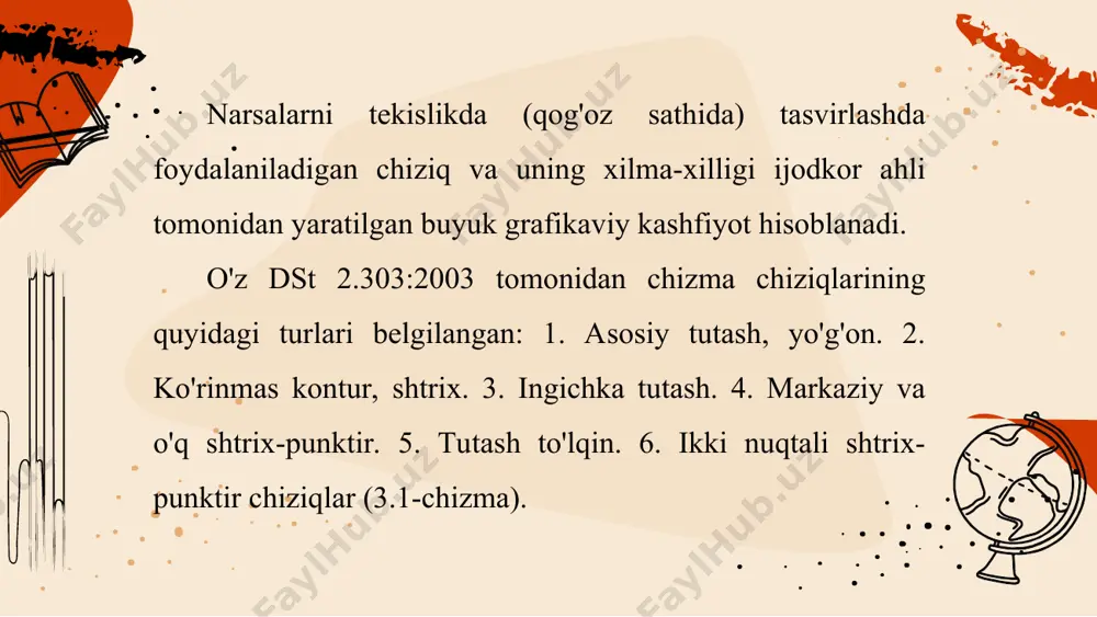 igi, balandligi, eni yoki qalinligini ko'rsatuvchi o'lchamlar gabarit o'lchamlar deyiladi (3.2-chizmadagi 5, 40, 76 o'lcham­lar). gabarit o'lchamlarni ko'rsatuvchi o'lcham chiziqlari vertikal va gorizontal chiziqlarga parallel olinadi. o'lcham chiziqlari chiqarish chiziqlariga strelka uchi bilan tegib turishi kerak. strelkaning tuzilishi 3.3-chizma, b da ko'rsatilgan. strelka kattaligi kontur chiziqlarning yo'g'onligiga bog'liq bo'lib, chizmaning hamma joyida bir xil kattalikda bo'ladi. chiqarish chi­ziqlari oxirgi strelkadan 2-3 mm chiqib tursa kifoya, ortiqchasini o'chirib tashlash lozim. burchak o'lchamlarini qo'yish qoidalari 3.3-chizma, a da berilgan. shtrixlab qo'yilgan joydagi burchak o'lchamlari chiqarib ko'rsatiladi. aylana diametrlarining o'lchamlarini ko'rsatishda o'lcham soni oldiga ham­ma vaqt diametrni ifodalovchi shartli belgi 0 qo'yiladi (3.3-chizma, f). radi-uslarning o'lchamlarini ko'rsatuvchi o'lcham soni oldiga hamma vaqt radius belgisi r yoziladi (3.3-chizma, d). 3.4-chizmadagi aylana va radius o'lcham-lariga e'tibor bering. chizmada kvadrat teshik yoki kvadrat chiqiq (bo'rtiq) o'lcham soni oldiga kvadrat belgisi □ qo'yiladi (3.3-chizma, e). detalda bir xil element, ya'ni aylanali silindrik teshik ko'p marta takrorlansa va …