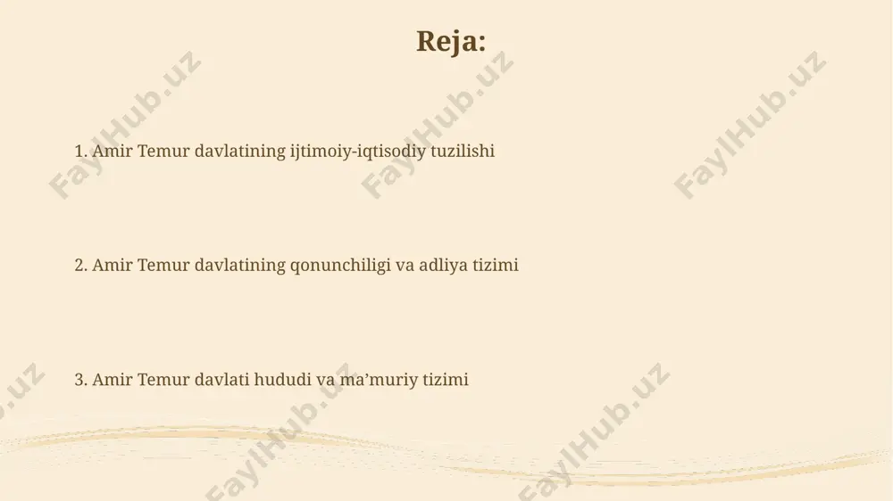 oti temur davrida pul tizimi kumush tangalar, masalan, dirham va tangalar asosida qurilgan boʻlib, xalqaro savdo-sotiqda 150 dan ortiq shahardan olingan tovarlar ishlatilgan. amir temur davlati iqtisodiyotining asosi qishloq xoʻjaligi boʻlib, bugʻdoy, guruch, beda va boshqa ekinlarning samarqand, buxoro va hirot kabi yirik shaharlarga yetkazib berilishi yaxshi yoʻlga qoʻyilgan edi. amir temur davlatining harbiy tizimi temur davlatining harbiy doktrinasi chapuli va tuqlash taktikasini qoʻllagan holda dushmanni qurshovga olish va yengishga qaratilgan edi, buning natijasida uning qoʻshini koʻpgina yirik janglarda gʻalaba qozondi. amir temur armiyasi 100 000 dan ortiq jangchi, shu jumladan, ogʻir qurollangan piyodalar, otliq qoʻshinlar va muhandislarni oʻz ichiga olgan murakkab tuzilmaga ega edi. amir temur davlatining adliya tizimi amir temur davlatida 12 ta viloyatga boʻlingan hududiy sudlar faoliyat yuritgan boʻlib, ularning har biri oʻz hududida qonunlarni amalga oshirish va adliyani taʼminlashga masʼul edi. temur davrida diniy sudlar ham faoliyat yuritgan boʻlib, masalan, shariat qonunlariga koʻra, 100 ga yaqin …