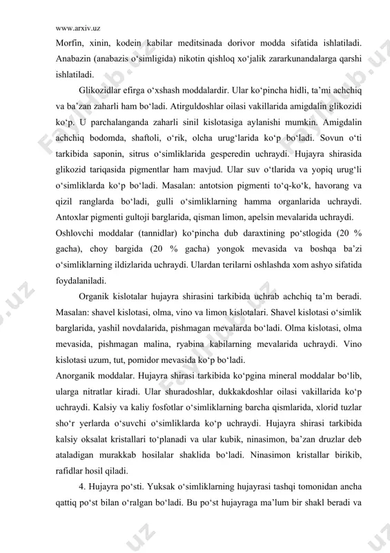 idor mevasida ko‘p bo‘ladi. anorganik moddalar. hujayra shirasi tarkibida ko‘pgina mineral moddalar bo‘lib, ularga nitratlar kiradi. ular shuradoshlar, dukkakdoshlar oilasi vakillarida ko‘p uchraydi. kalsiy va kaliy fosfotlar o‘simliklarning barcha qismlarida, xlorid tuzlar sho‘r yerlarda o‘suvchi o‘simliklarda ko‘p uchraydi. hujayra shirasi tarkibida kalsiy oksalat kristallari to‘planadi va ular kubik, ninasimon, ba’zan druzlar deb ataladigan murakkab hosilalar shaklida bo‘ladi. ninasimon kristallar birikib, rafidlar hosil qiladi. 4. hujayra po‘sti. yuksak o‘simliklarning hujayrasi tashqi tomonidan ancha qattiq po‘st bilan o‘ralgan bo‘ladi. bu po‘st hujayraga ma’lum bir shakl beradi va uni tashqi noqulay ta’sirlardan saqlaydi. faqat jinsiy hujayralarda, harakatchan sporalarda va ba’zi tuban o‘simliklarda bunday qattiq po‘st bo‘lmaydi. har xil turga kiradigan o‘simliklar hujayrasi po‘stining kimiyoviy tarkibi turlicha bo‘lib, organizmlarning yoshiga qarab o‘zgarishi mumkin. lekin har qanday holda ham hujayralar devorini hosil qiluvchi asosiy modda sellyulozadir. hujayra po‘sti lignin moddasini singdirsa yog‘ochlanadi. bunda u suv va gazlarni o‘tkazadi.protoplast nobud bo‘ladi, kamdan- kam holda tirik qoladi, …